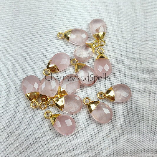 Rose Quartz Pear Shape Pendant Connectors, Faceted Rose Quartz Electroplated Charm, Gemstone Pendant Connector, Gold Plated Connector - Charms And Spells