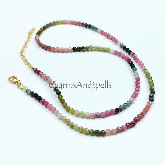 Multi Tourmaline Necklace, Natural Multi Color Tourmaline Faceted Round Beads Necklace, Semi Precious Gemstone, Engagement Gift - Charms And Spells
