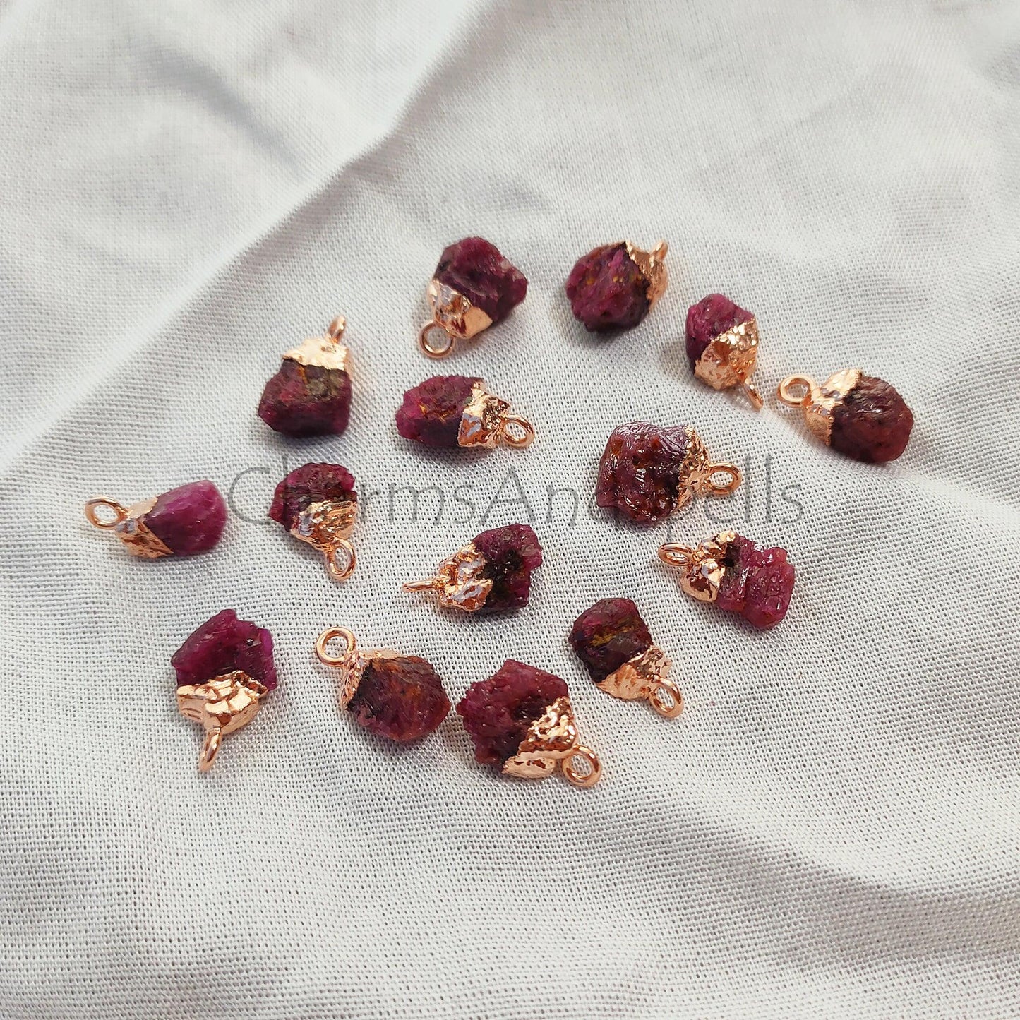 Raw Ruby Gemstone Connectors, DIY Rough Connectors, July Birthstone Ruby Rough Pendant Charm, Electroplated Charms, - Charms And Spells