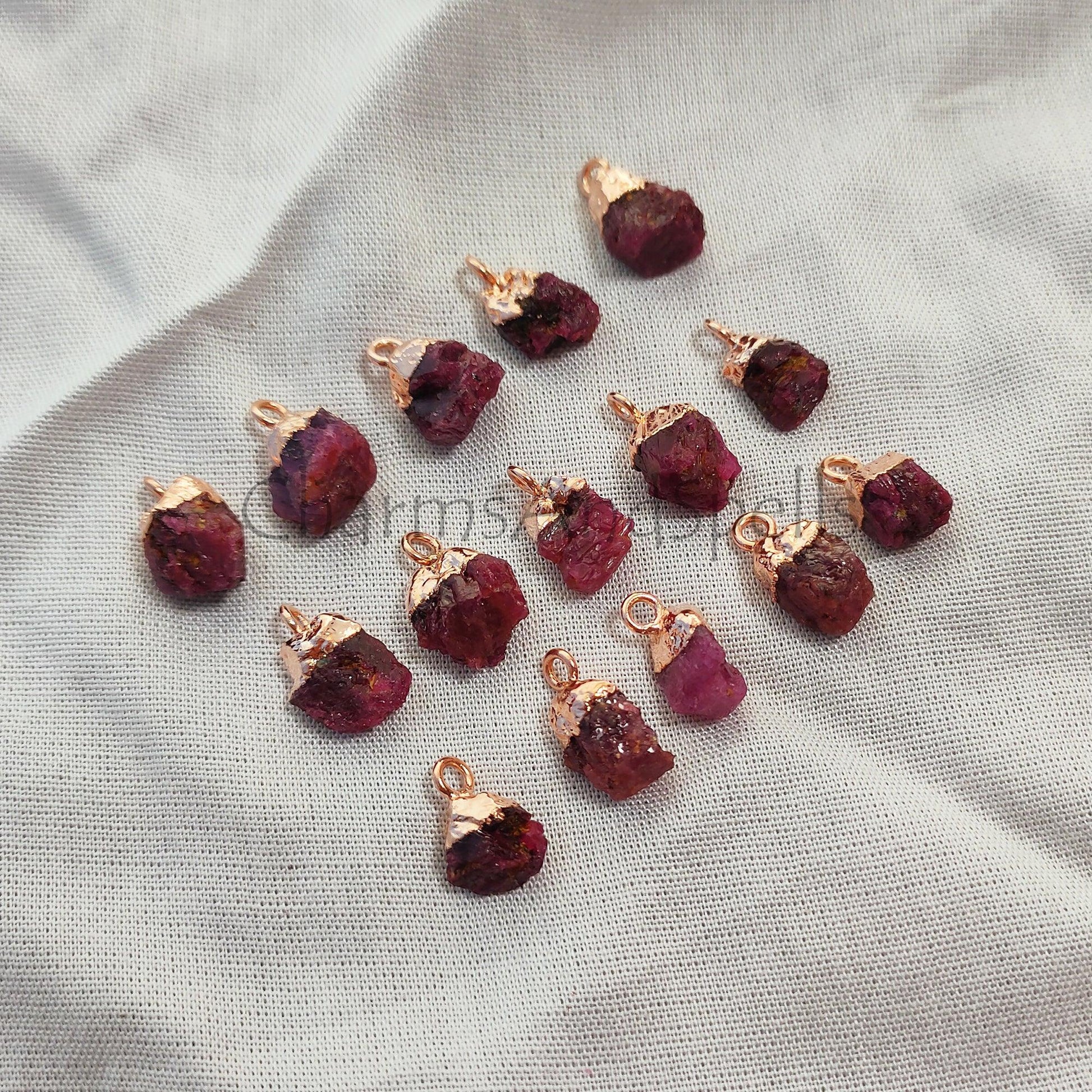Raw Ruby Gemstone Connectors, DIY Rough Connectors, July Birthstone Ruby Rough Pendant Charm, Electroplated Charms, - Charms And Spells