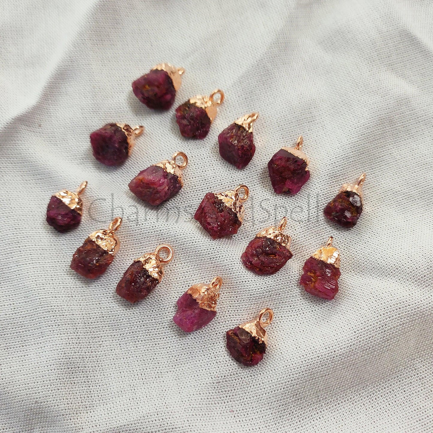 Raw Ruby Gemstone Connectors, DIY Rough Connectors, July Birthstone Ruby Rough Pendant Charm, Electroplated Charms, - Charms And Spells