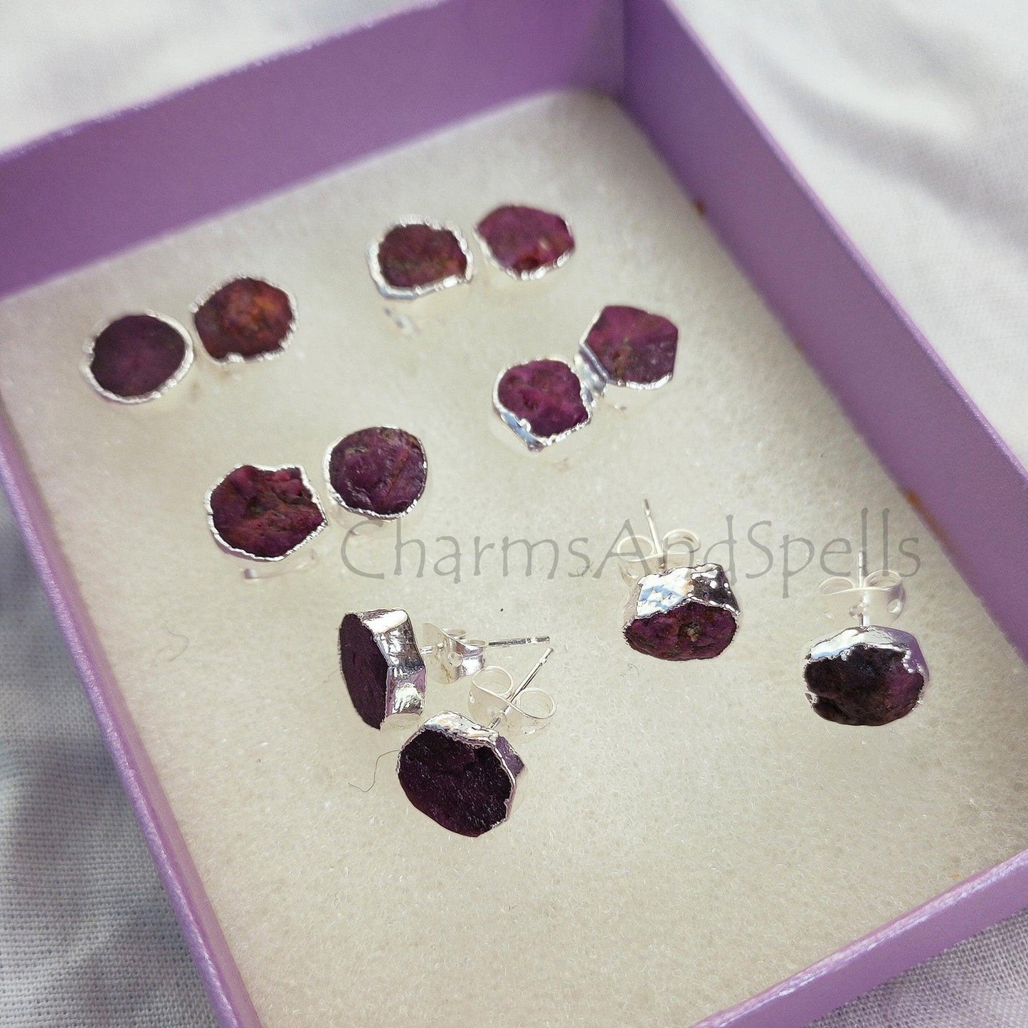 Real Raw Ruby Studs, Ruby Stud Earring, Electroplated Stud, Boho Style Earrings, Ruby Jewelry, Ruby Stud Earring, - Charms And Spells