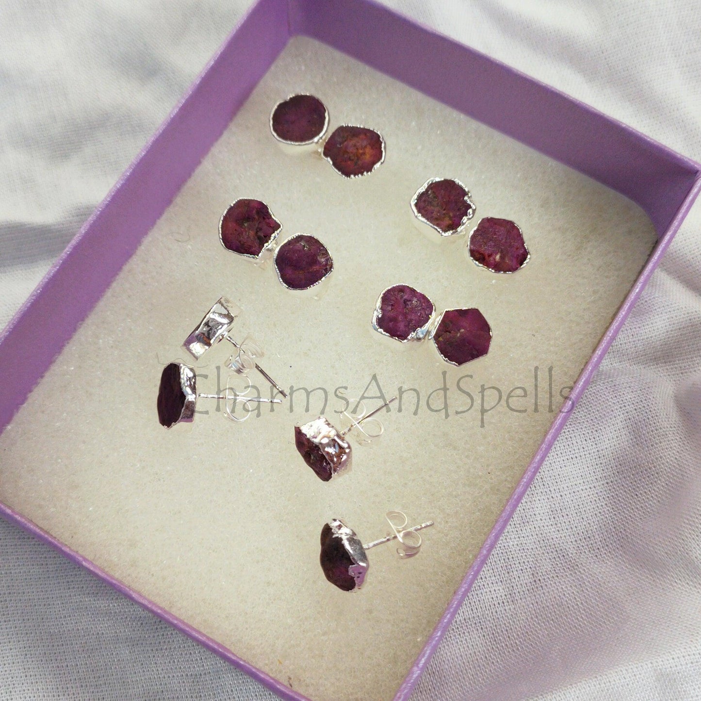 Real Raw Ruby Studs, Ruby Stud Earring, Electroplated Stud, Boho Style Earrings, Ruby Jewelry, Ruby Stud Earring, - Charms And Spells