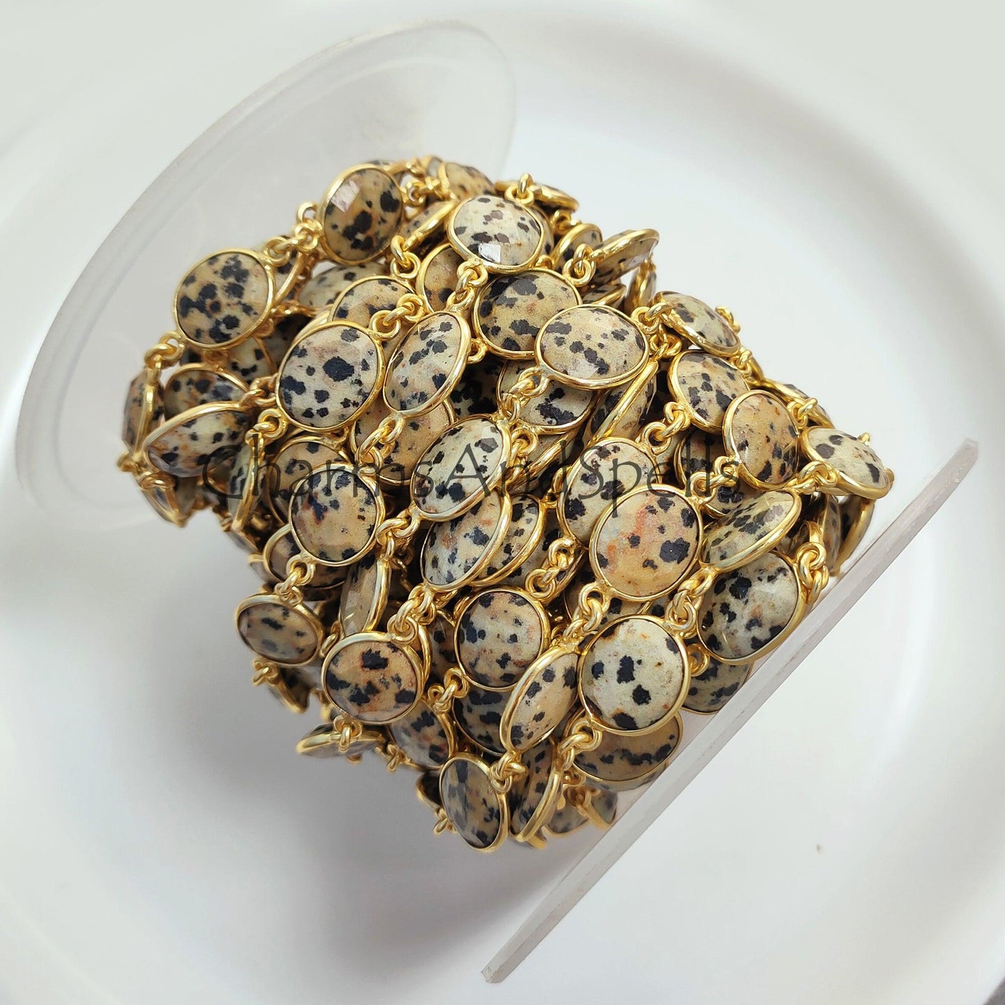 1 Feet Chain, Dalmatian Jasper Gold Plated Gemstone Bezel Connector Chain, Gemstone Chains, Station Link Chain, Jewelry Connector Chain, Chain by the Foot - Charms And Spells