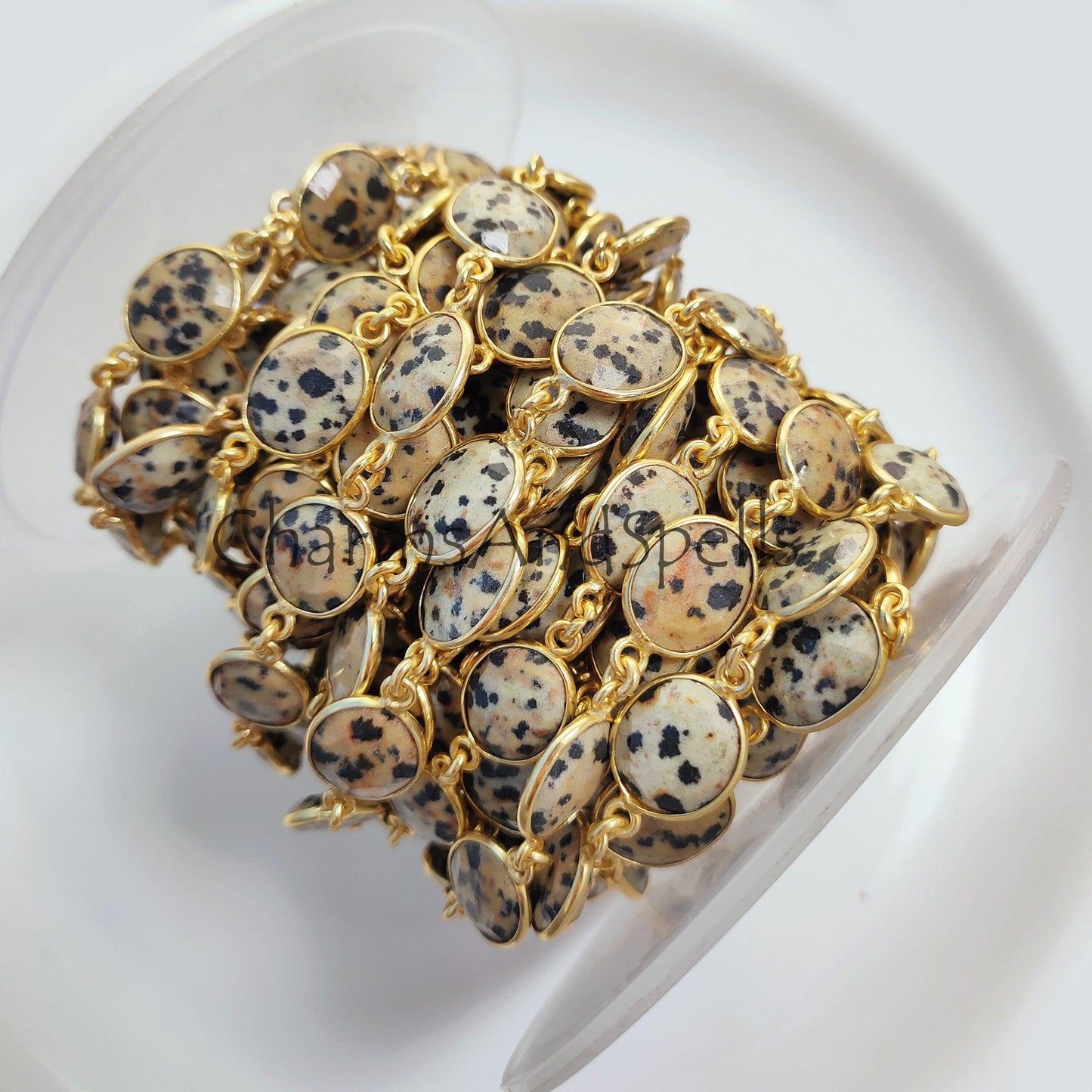 1 Feet Chain, Dalmatian Jasper Gold Plated Gemstone Bezel Connector Chain, Gemstone Chains, Station Link Chain, Jewelry Connector Chain, Chain by the Foot - Charms And Spells