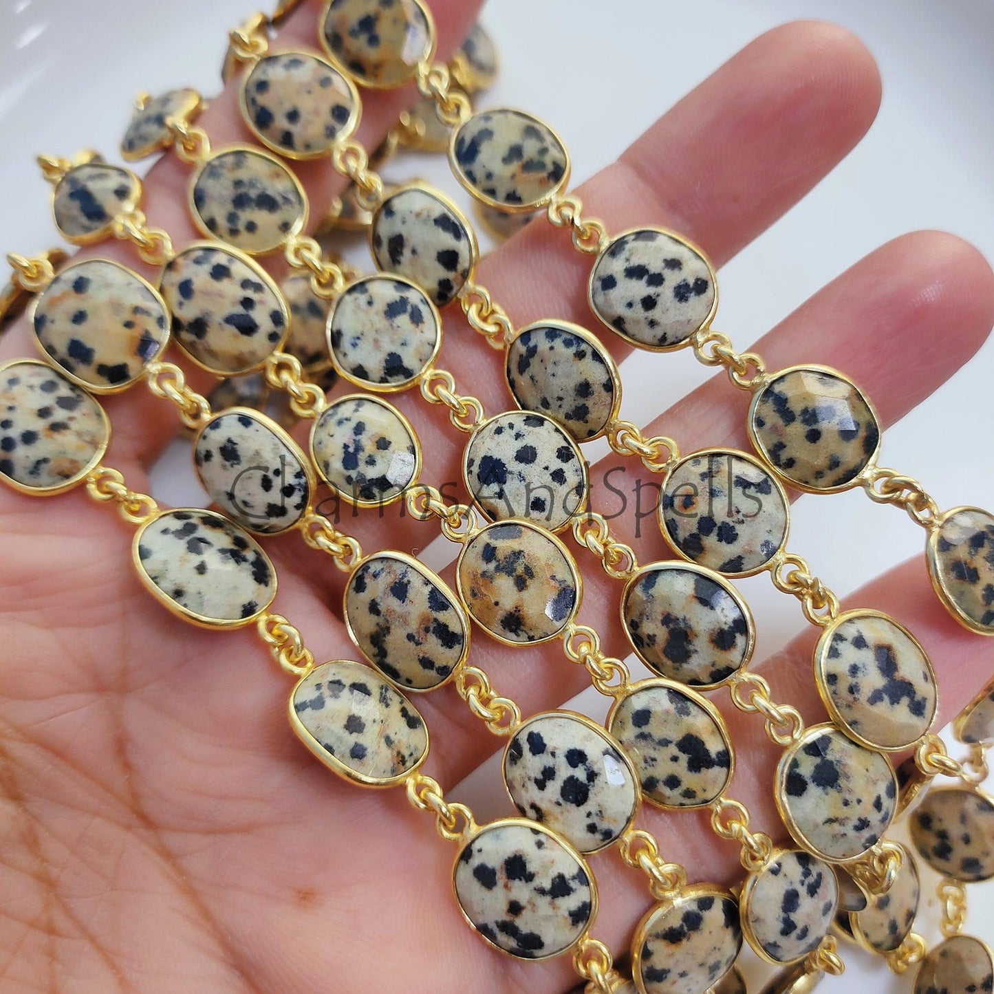 1 Feet Chain, Dalmatian Jasper Gold Plated Gemstone Bezel Connector Chain, Gemstone Chains, Station Link Chain, Jewelry Connector Chain, Chain by the Foot - Charms And Spells