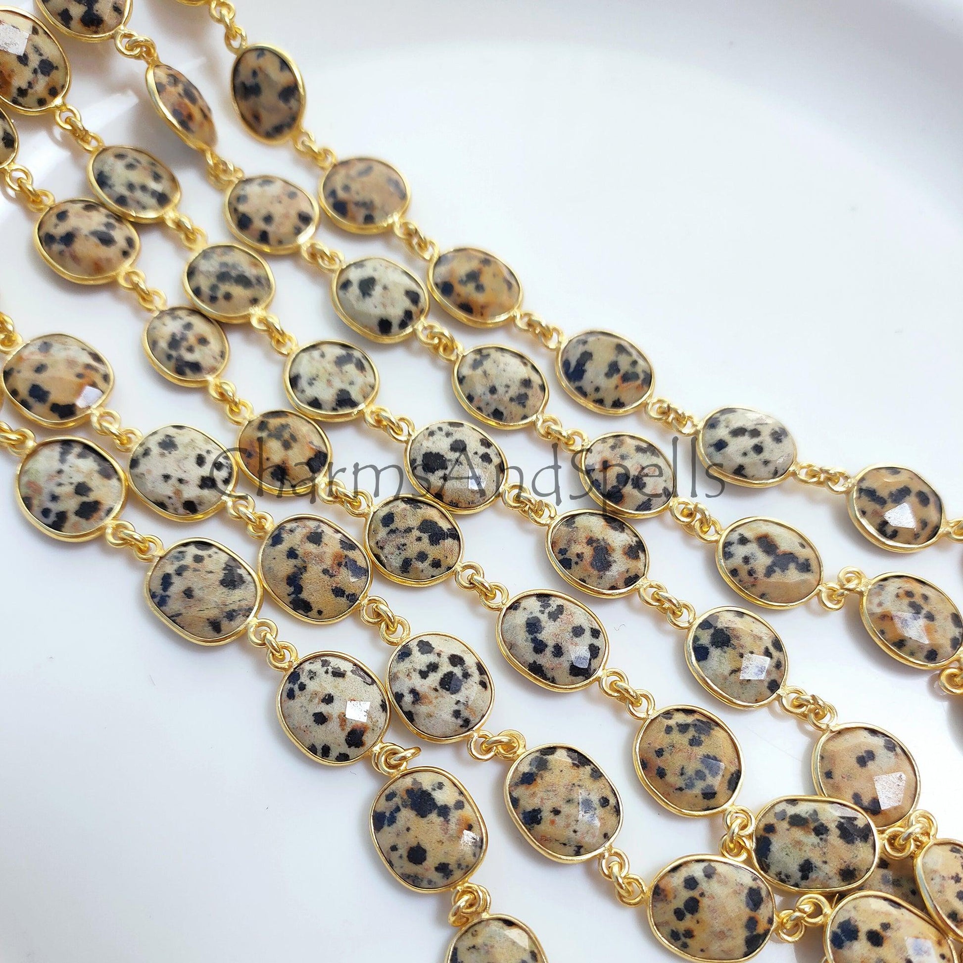 1 Feet Chain, Dalmatian Jasper Gold Plated Gemstone Bezel Connector Chain, Gemstone Chains, Station Link Chain, Jewelry Connector Chain, Chain by the Foot - Charms And Spells