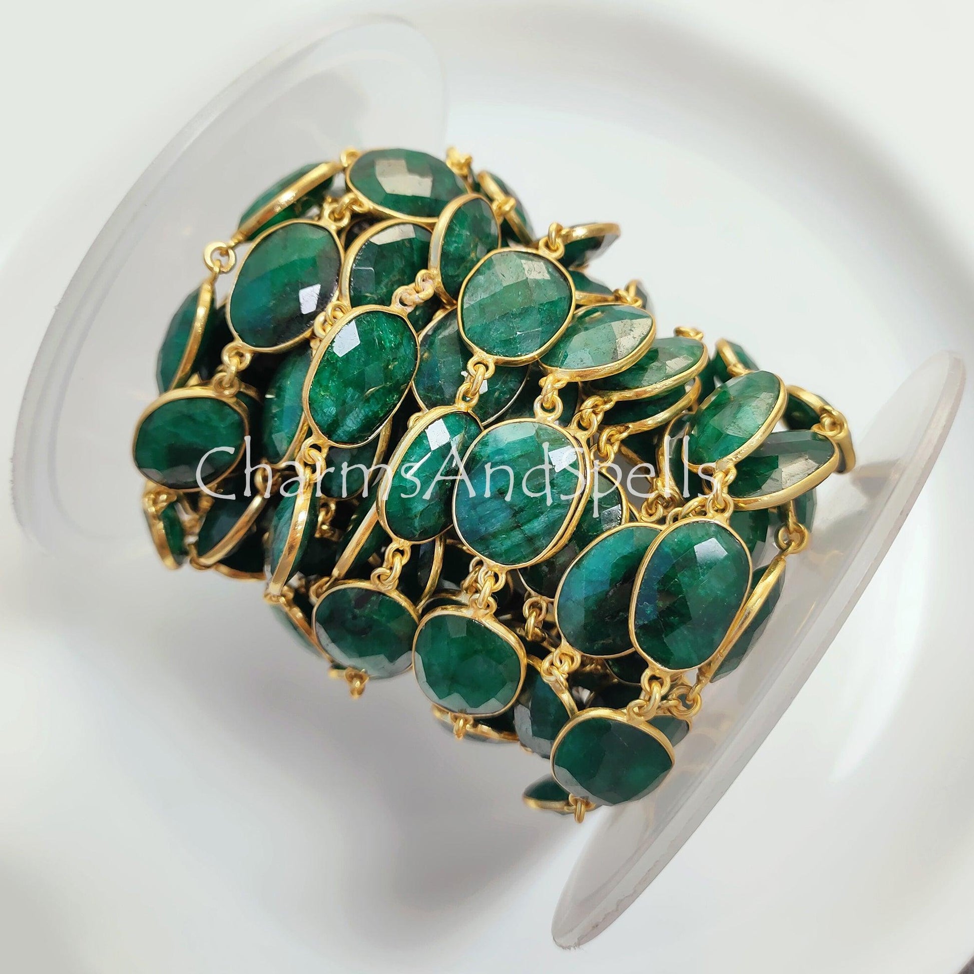 1 Feet Chain, Emerald Faceted Connector Chain, Gold Plated Bezel Chain, Gemstone Connector, Handmade Station Bezel Link Chain, Emerald Bezel Jewelry, Gift - Charms And Spells