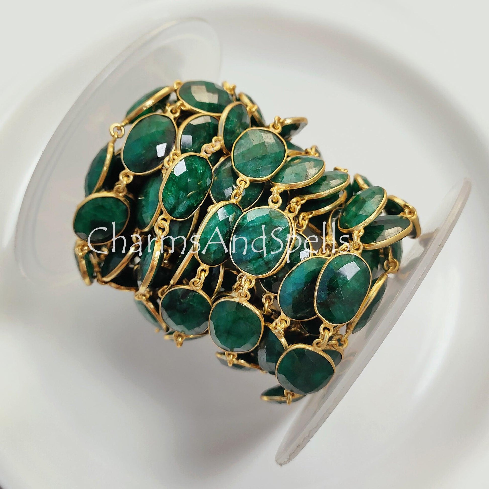 1 Feet Chain, Emerald Faceted Connector Chain, Gold Plated Bezel Chain, Gemstone Connector, Handmade Station Bezel Link Chain, Emerald Bezel Jewelry, Gift - Charms And Spells