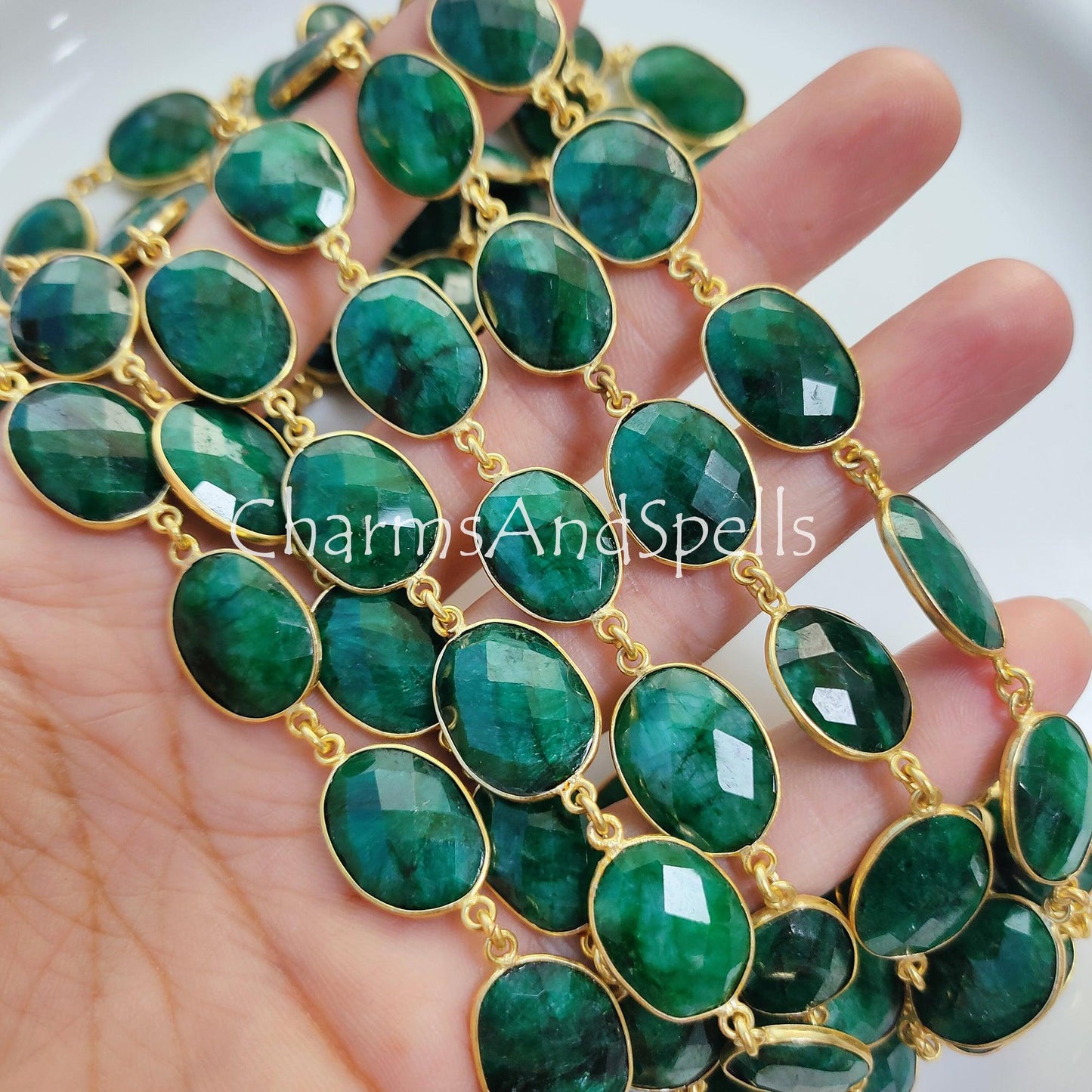 1 Feet Chain, Emerald Faceted Connector Chain, Gold Plated Bezel Chain, Gemstone Connector, Handmade Station Bezel Link Chain, Emerald Bezel Jewelry, Gift - Charms And Spells