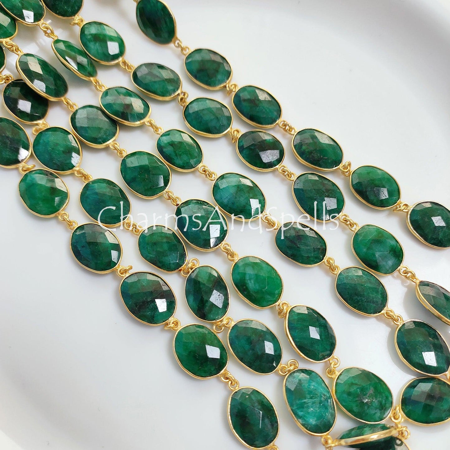 1 Feet Chain, Emerald Faceted Connector Chain, Gold Plated Bezel Chain, Gemstone Connector, Handmade Station Bezel Link Chain, Emerald Bezel Jewelry, Gift - Charms And Spells