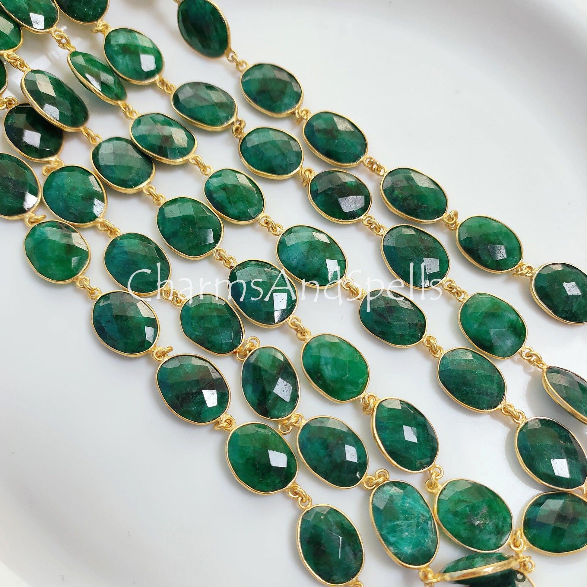 1 Feet Chain, Emerald Faceted Connector Chain, Gold Plated Bezel Chain, Gemstone Connector, Handmade Station Bezel Link Chain, Emerald Bezel Jewelry, Gift - Charms And Spells