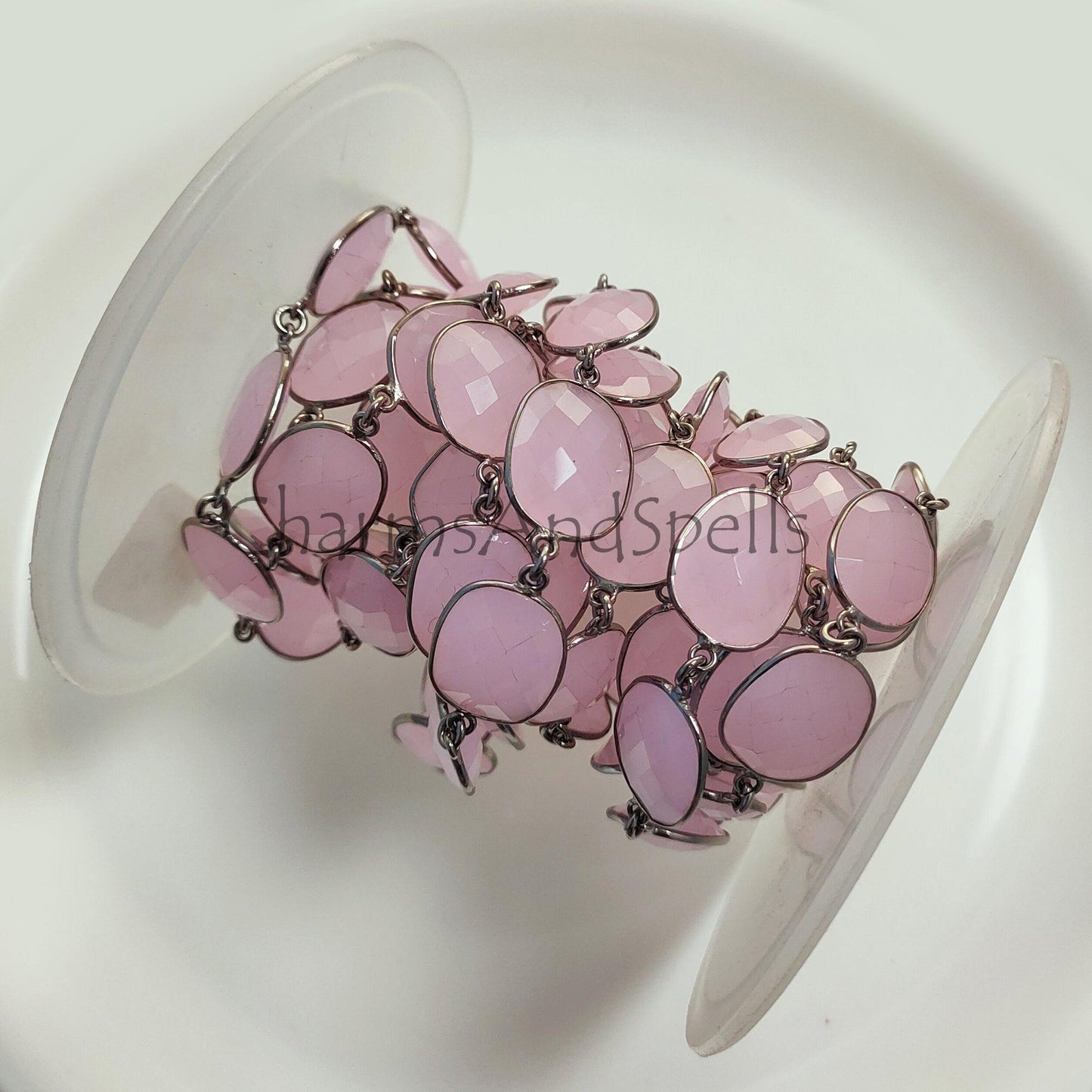 1 Feet Chain, Pink Chalcedony Connector Bezel Chain, Gemstone Gunmetal Bracelet Making Jewelry, Chalcedony Station Link Chain, 12-16 mm Bezel Chain - Charms And Spells