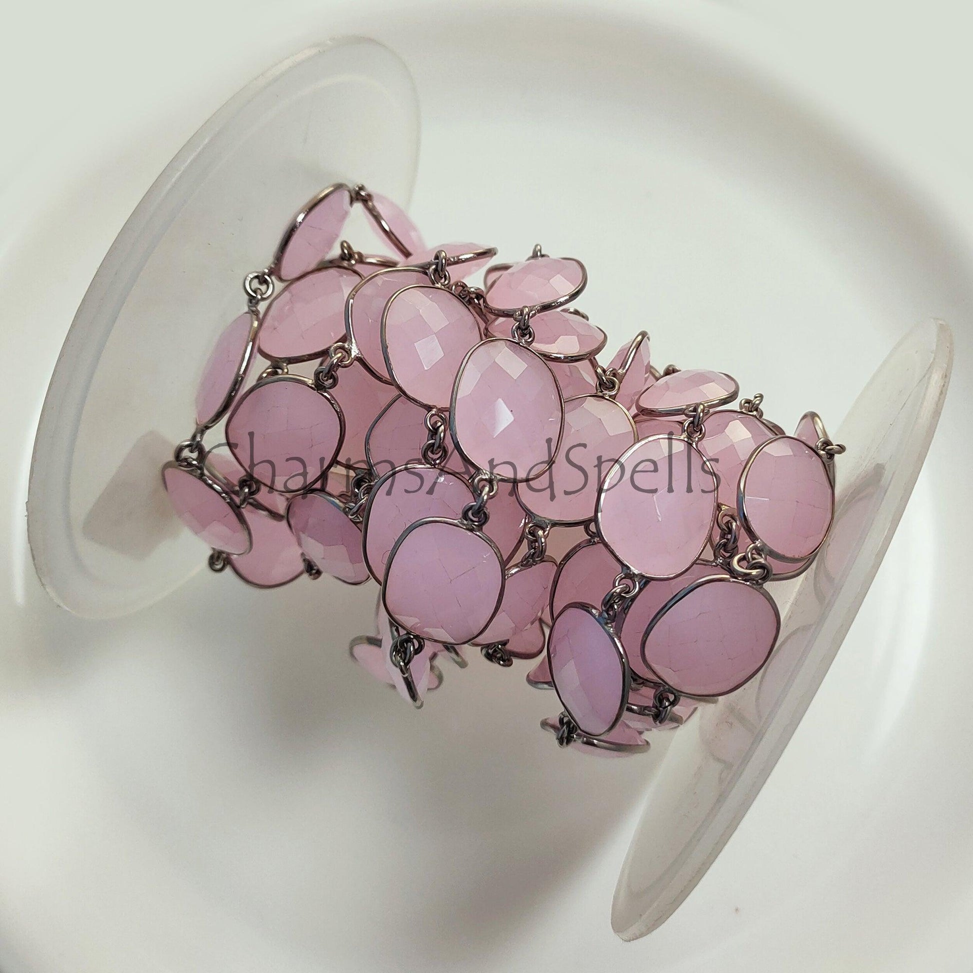 1 Feet Chain, Pink Chalcedony Connector Bezel Chain, Gemstone Gunmetal Bracelet Making Jewelry, Chalcedony Station Link Chain, 12-16 mm Bezel Chain - Charms And Spells