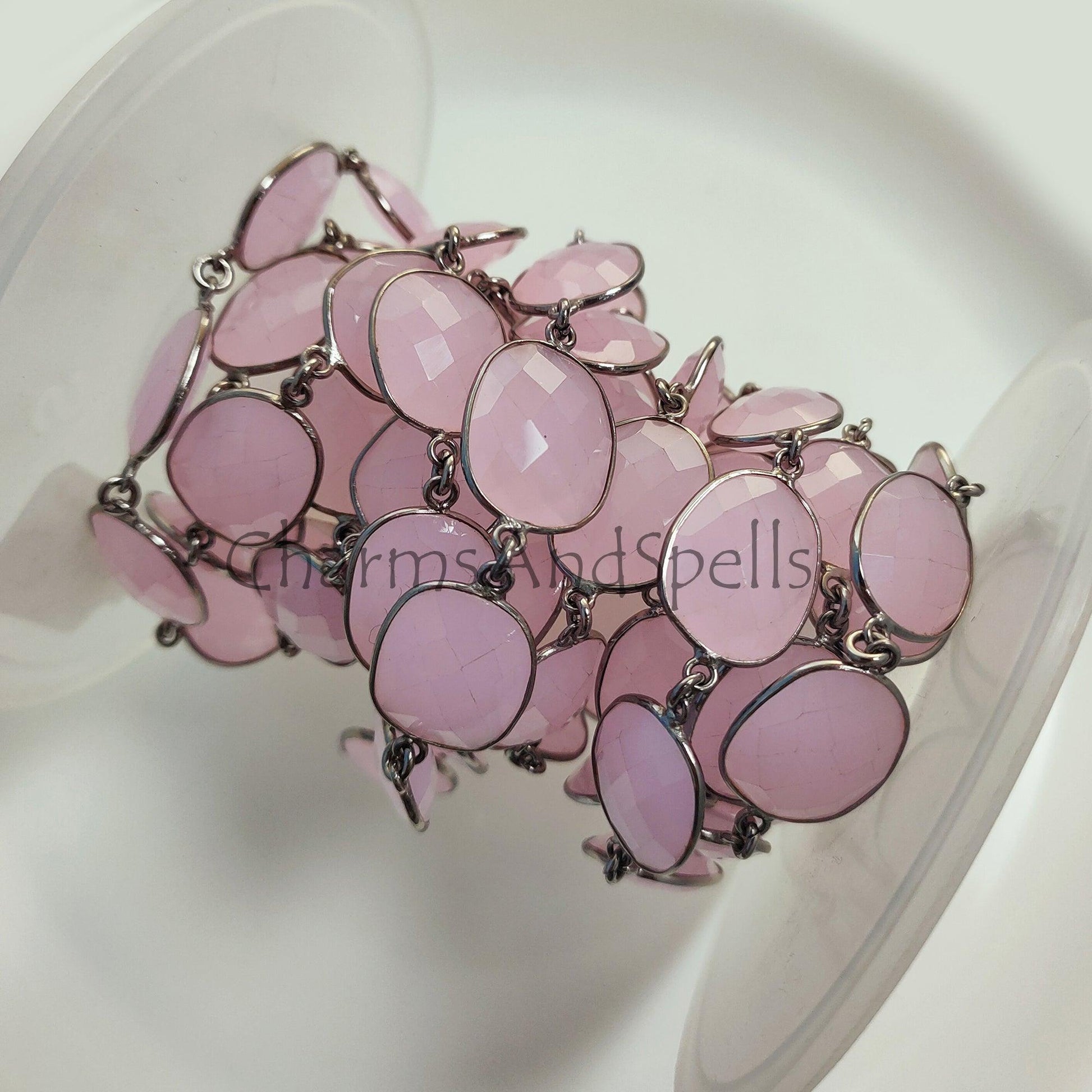1 Feet Chain, Pink Chalcedony Connector Bezel Chain, Gemstone Gunmetal Bracelet Making Jewelry, Chalcedony Station Link Chain, 12-16 mm Bezel Chain - Charms And Spells