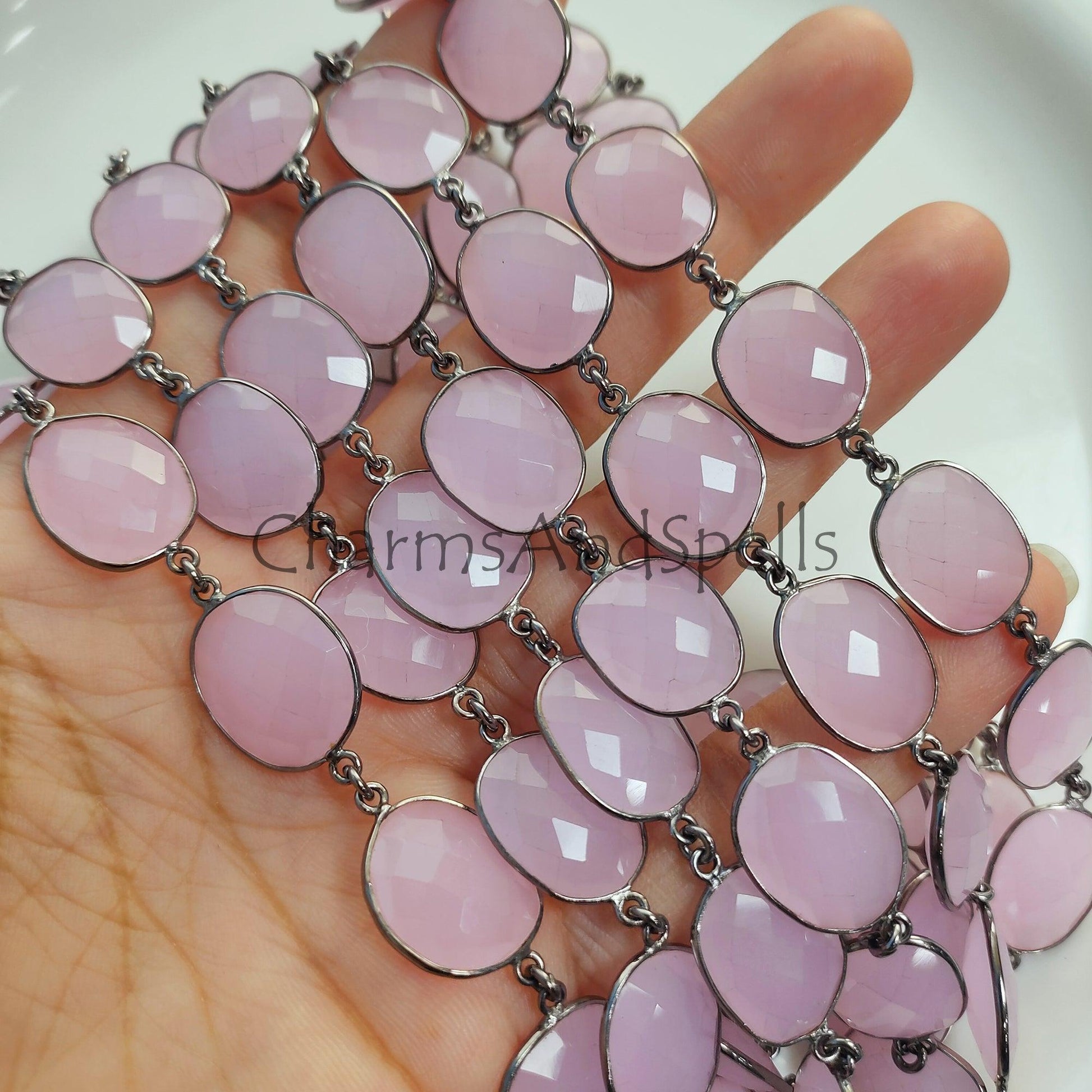 1 Feet Chain, Pink Chalcedony Connector Bezel Chain, Gemstone Gunmetal Bracelet Making Jewelry, Chalcedony Station Link Chain, 12-16 mm Bezel Chain - Charms And Spells