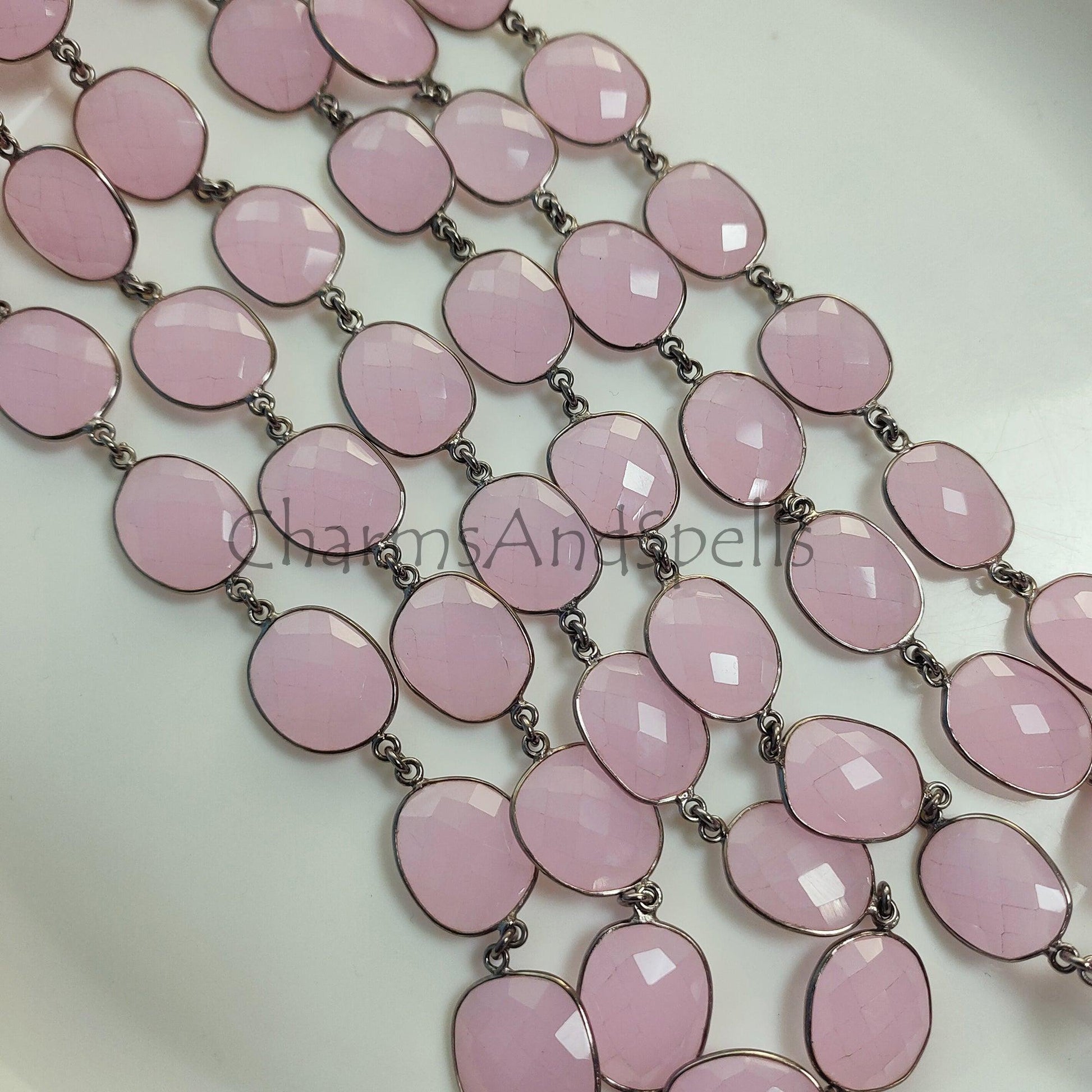 1 Feet Chain, Pink Chalcedony Connector Bezel Chain, Gemstone Gunmetal Bracelet Making Jewelry, Chalcedony Station Link Chain, 12-16 mm Bezel Chain - Charms And Spells