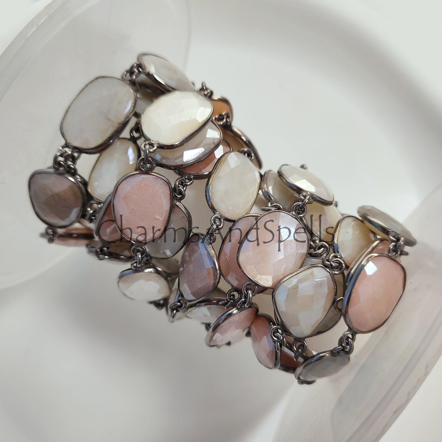 1 Feet Chain, Moonstone Connector Chain, Multi Color Moonstone Station Chain, Bezel Gemstone Chain, Gunmetal Chain by Foot, Moonstone Station Link Chain - Charms And Spells