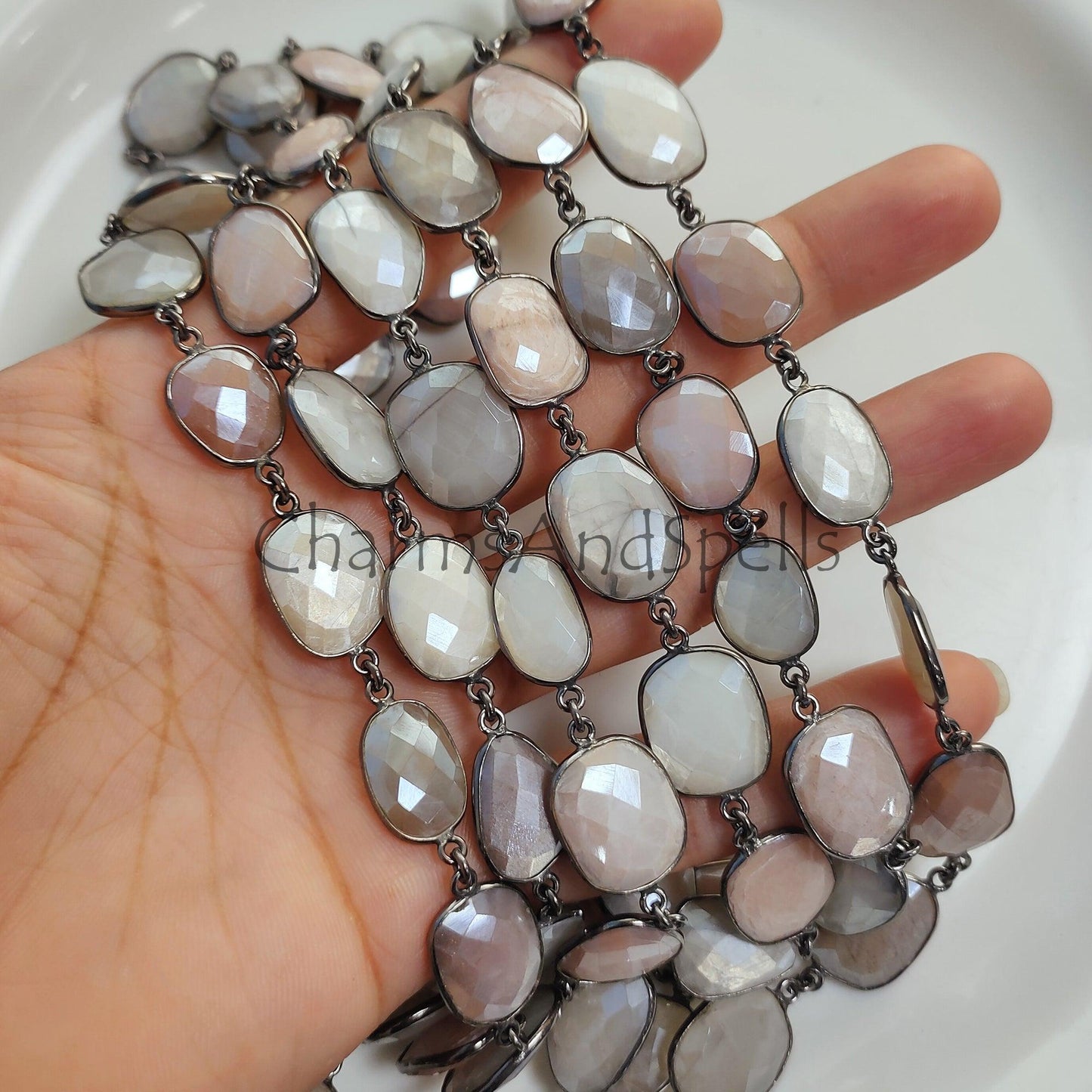 1 Feet Chain, Moonstone Connector Chain, Multi Color Moonstone Station Chain, Bezel Gemstone Chain, Gunmetal Chain by Foot, Moonstone Station Link Chain - Charms And Spells