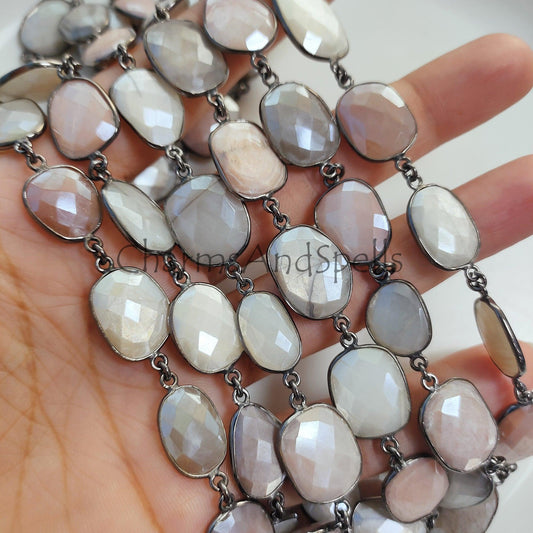 1 Feet Chain, Moonstone Connector Chain, Multi Color Moonstone Station Chain, Bezel Gemstone Chain, Gunmetal Chain by Foot, Moonstone Station Link Chain - Charms And Spells