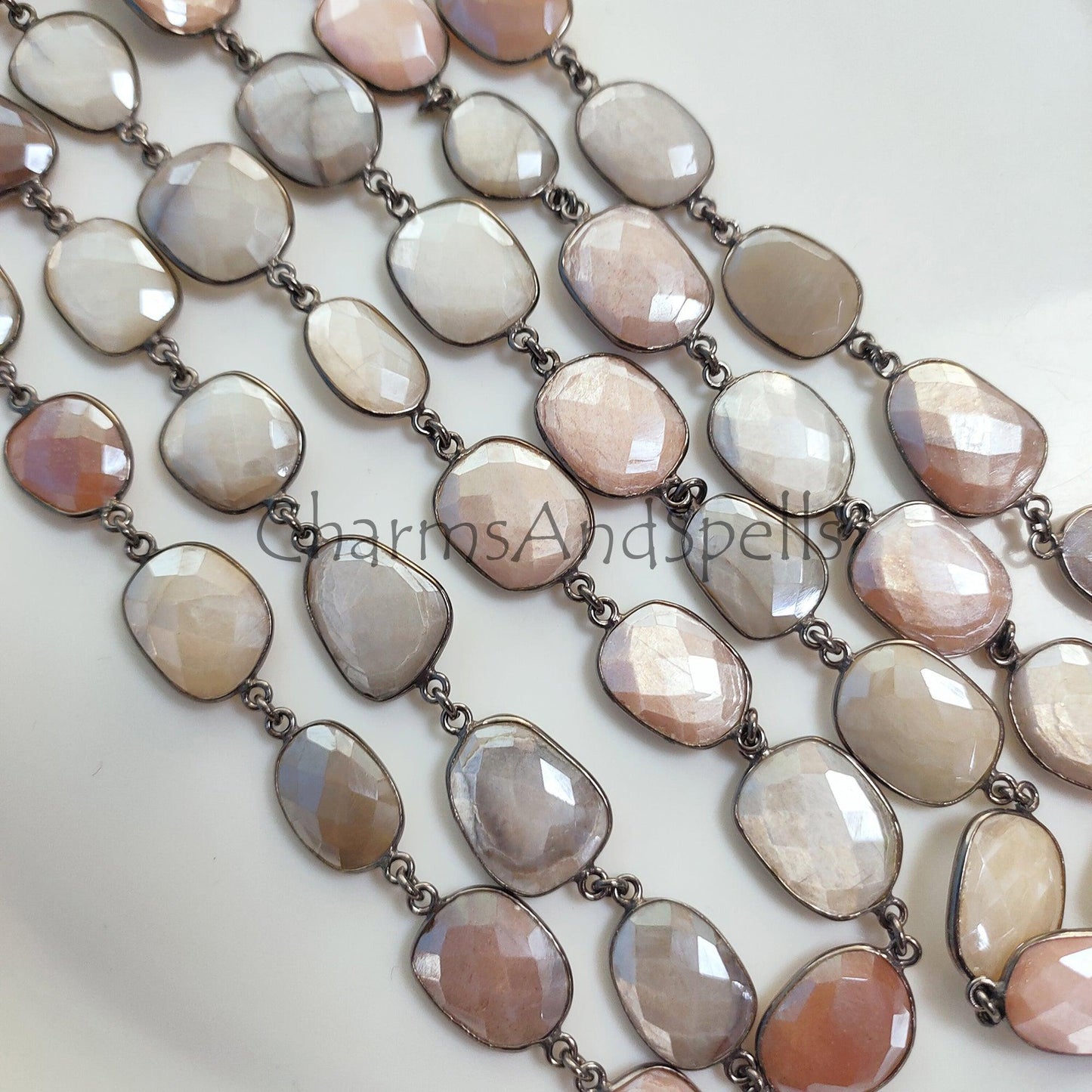 1 Feet Chain, Moonstone Connector Chain, Multi Color Moonstone Station Chain, Bezel Gemstone Chain, Gunmetal Chain by Foot, Moonstone Station Link Chain - Charms And Spells