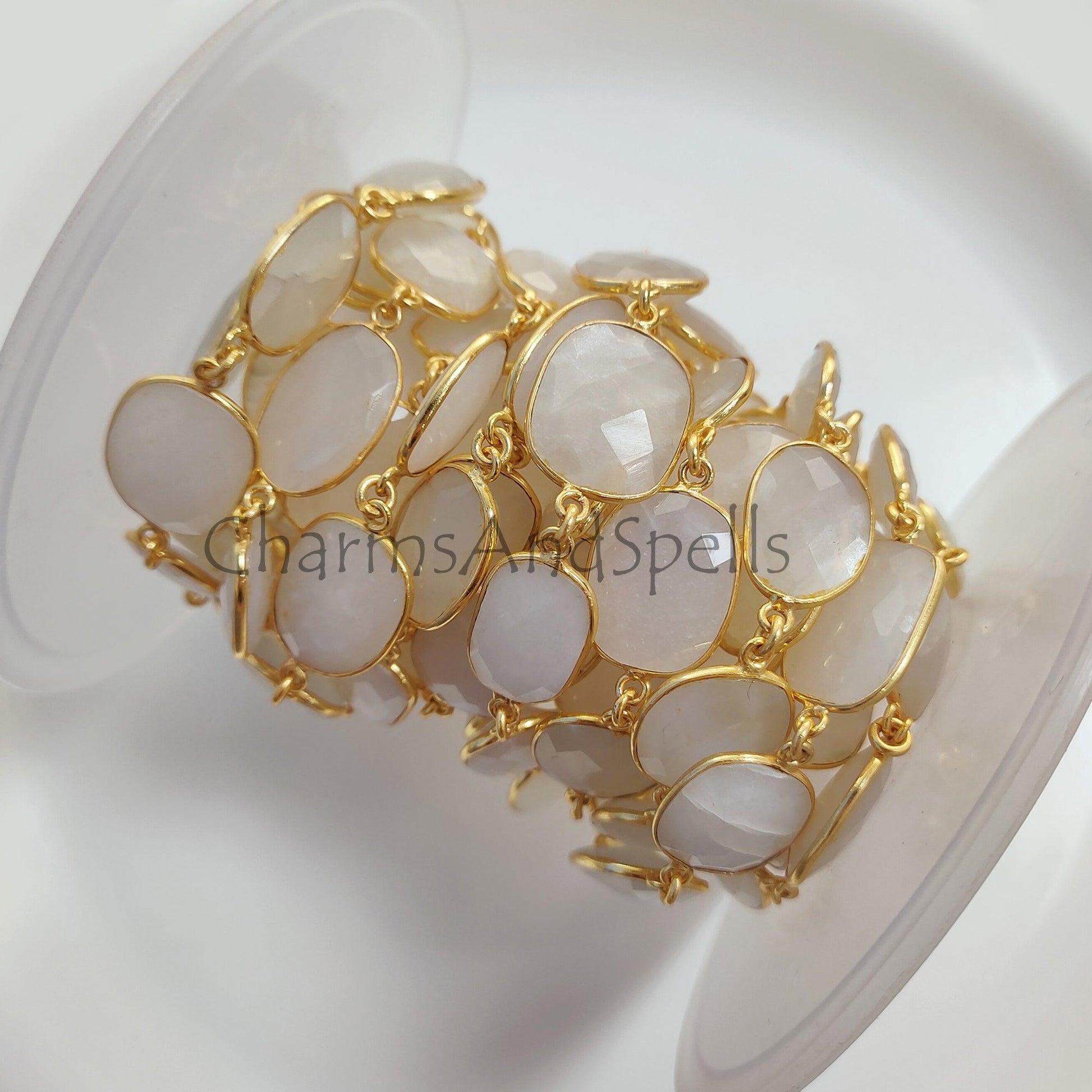 1 Feet Chain, Natural White Moonstone Connector Chain, Gold Plated Gemstone Bezel Station Link Chain, DIY Jewelry Making, Crafts Supplies Chain By Foot - Charms And Spells