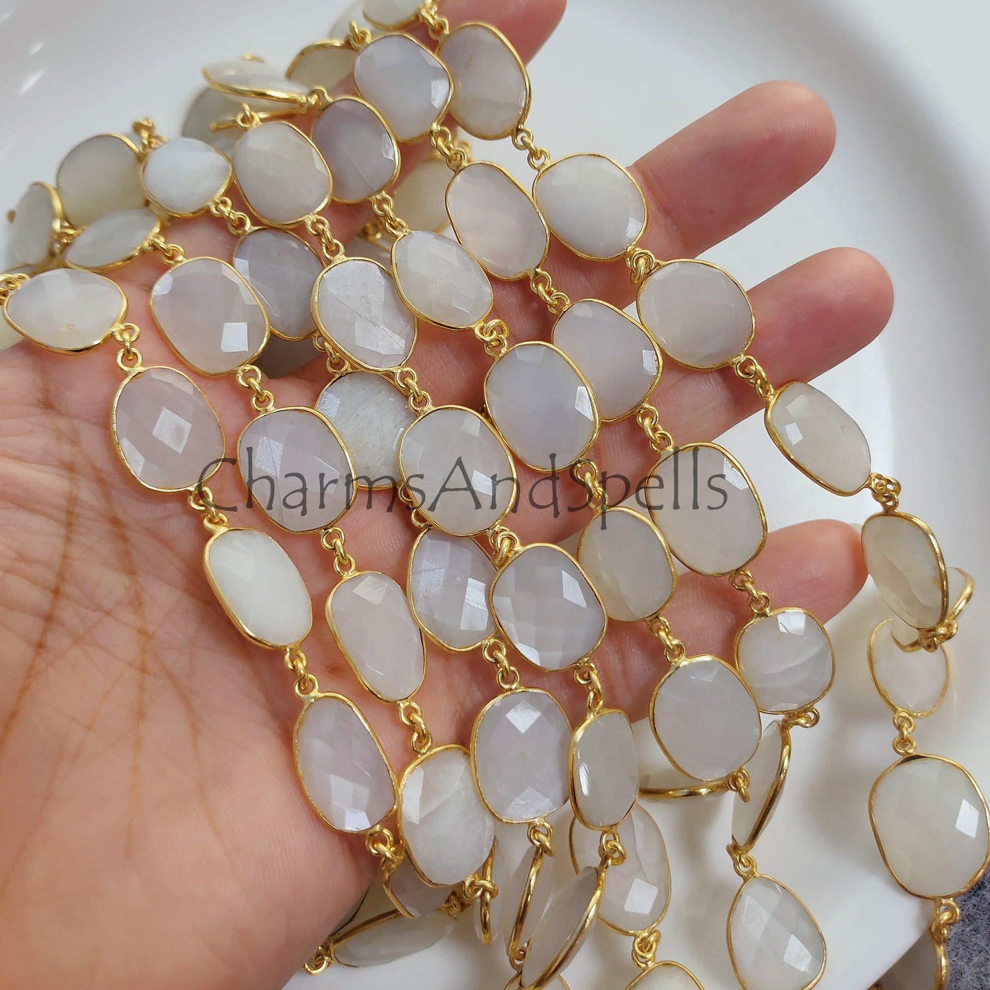 1 Feet Chain, Natural White Moonstone Connector Chain, Gold Plated Gemstone Bezel Station Link Chain, DIY Jewelry Making, Crafts Supplies Chain By Foot - Charms And Spells