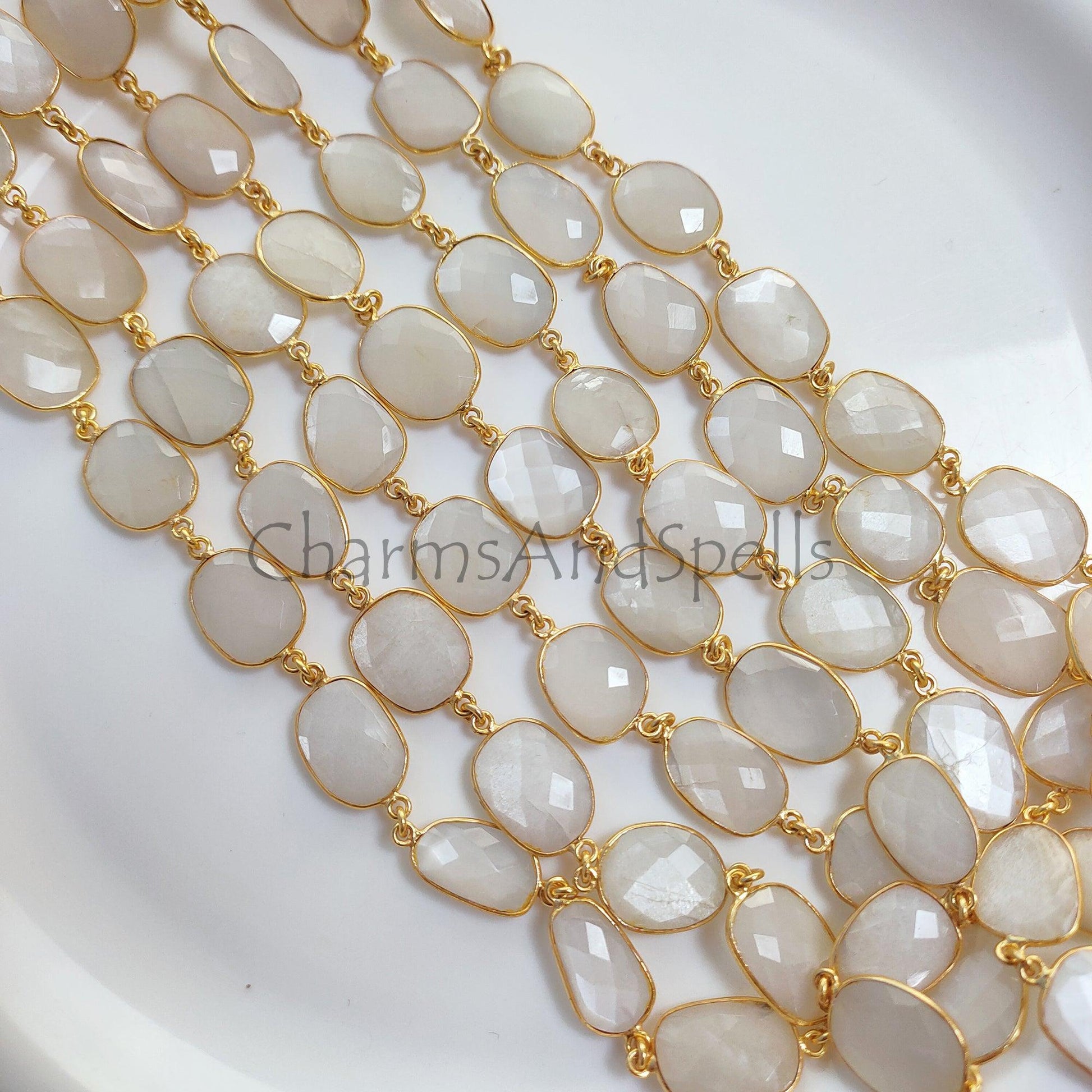 1 Feet Chain, Natural White Moonstone Connector Chain, Gold Plated Gemstone Bezel Station Link Chain, DIY Jewelry Making, Crafts Supplies Chain By Foot - Charms And Spells