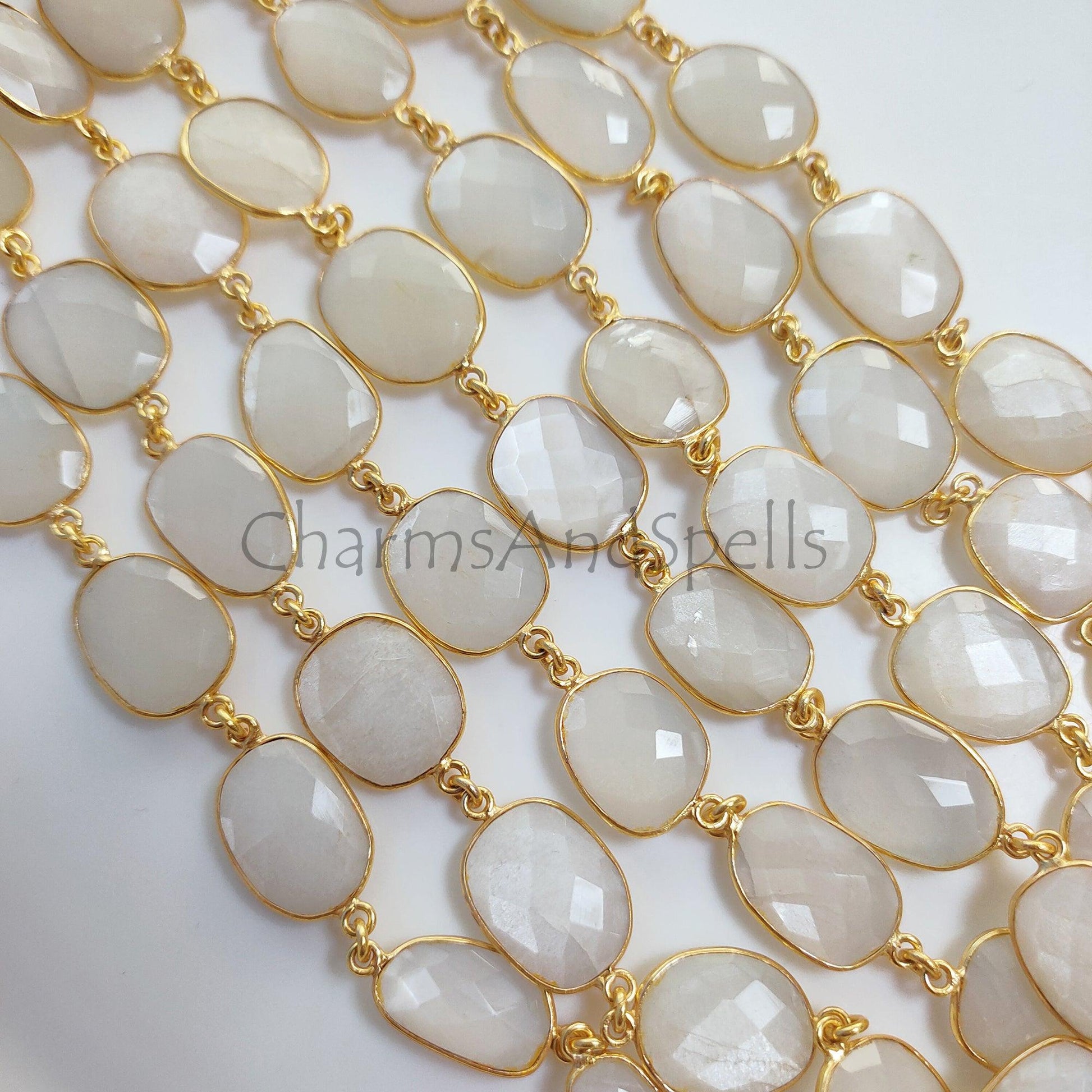 1 Feet Chain, Natural White Moonstone Connector Chain, Gold Plated Gemstone Bezel Station Link Chain, DIY Jewelry Making, Crafts Supplies Chain By Foot - Charms And Spells