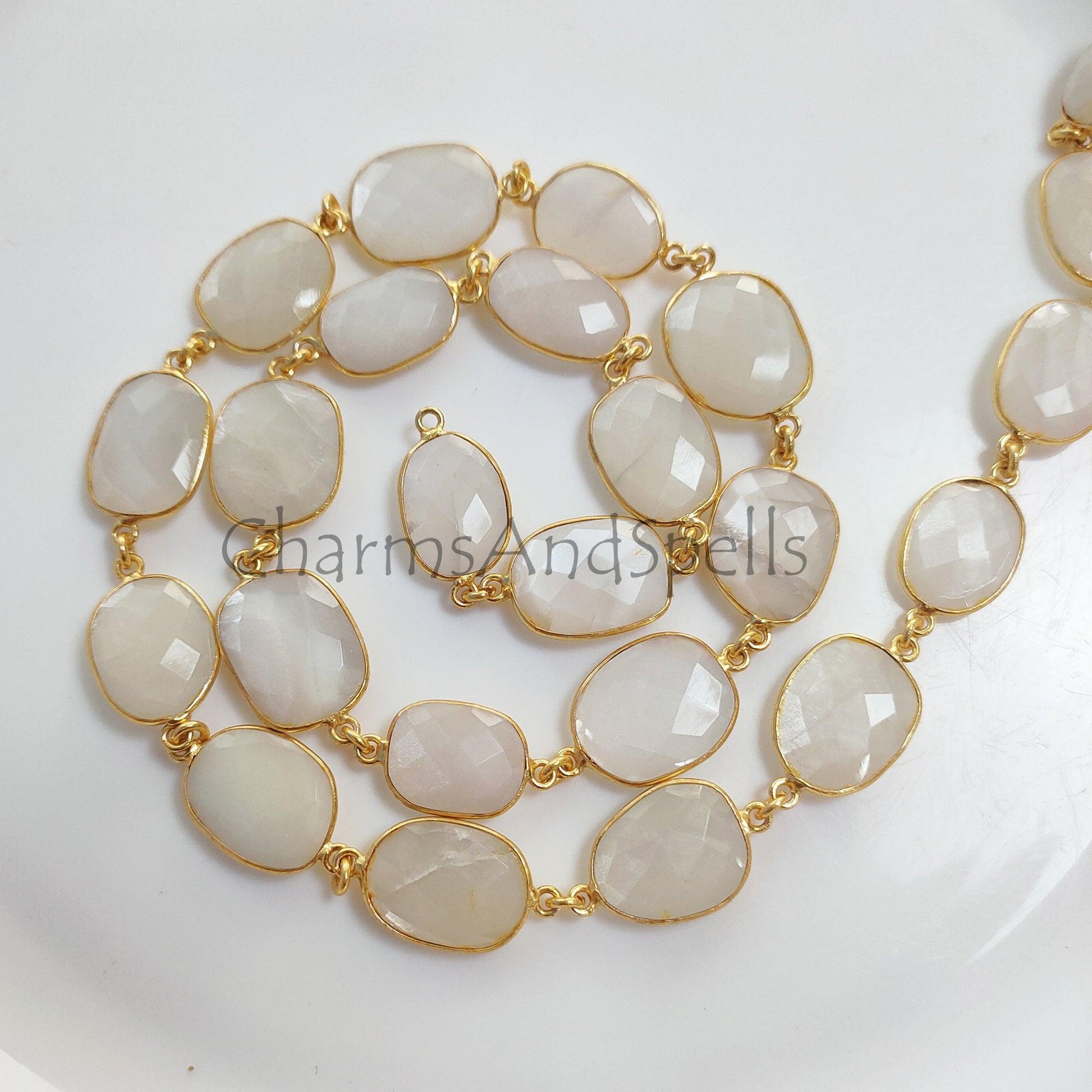 1 Feet Chain, Natural White Moonstone Connector Chain, Gold Plated Gemstone Bezel Station Link Chain, DIY Jewelry Making, Crafts Supplies Chain By Foot - Charms And Spells