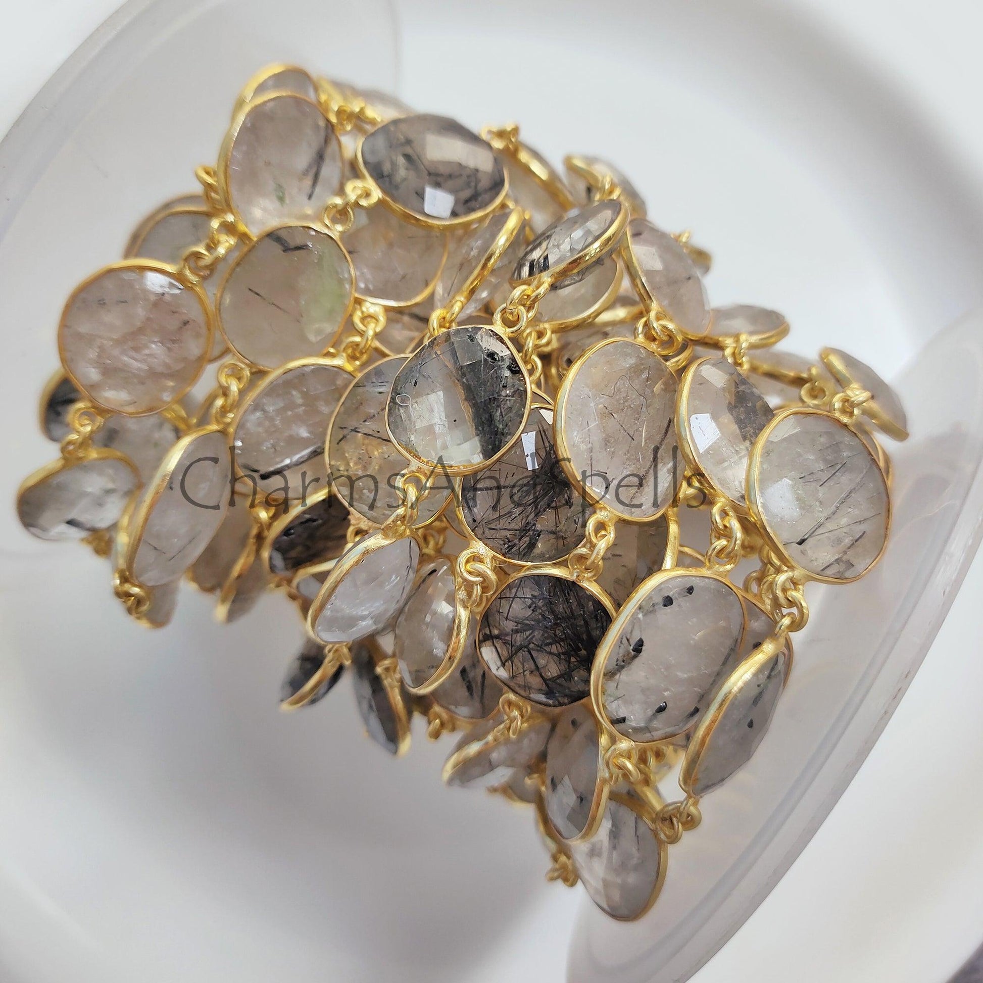 1Feet Chain, Black Rutile Gold Plated Bezel Connector Chain, Black Rutile 12-16 mm Bezel Connector Chain, Black Rutile Faceted Bezel Link Chain, Jewelry - Charms And Spells