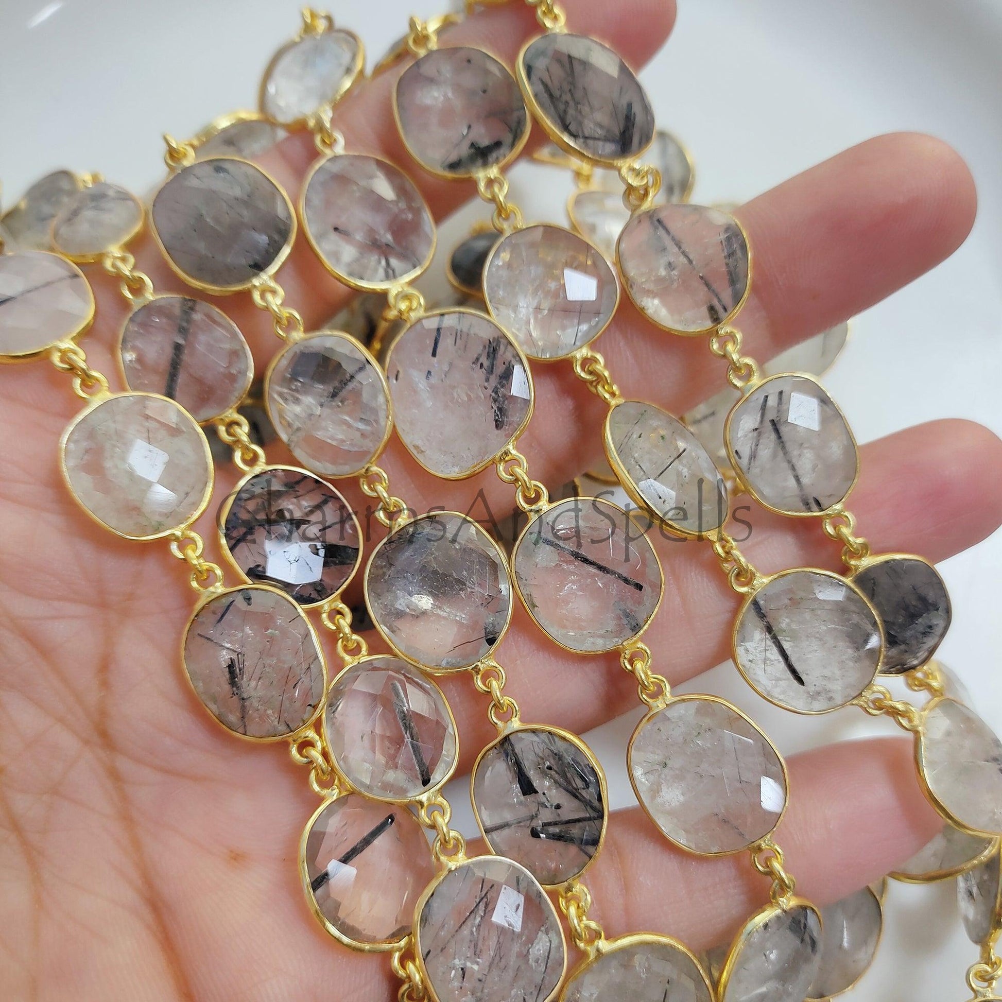 1Feet Chain, Black Rutile Gold Plated Bezel Connector Chain, Black Rutile 12-16 mm Bezel Connector Chain, Black Rutile Faceted Bezel Link Chain, Jewelry - Charms And Spells
