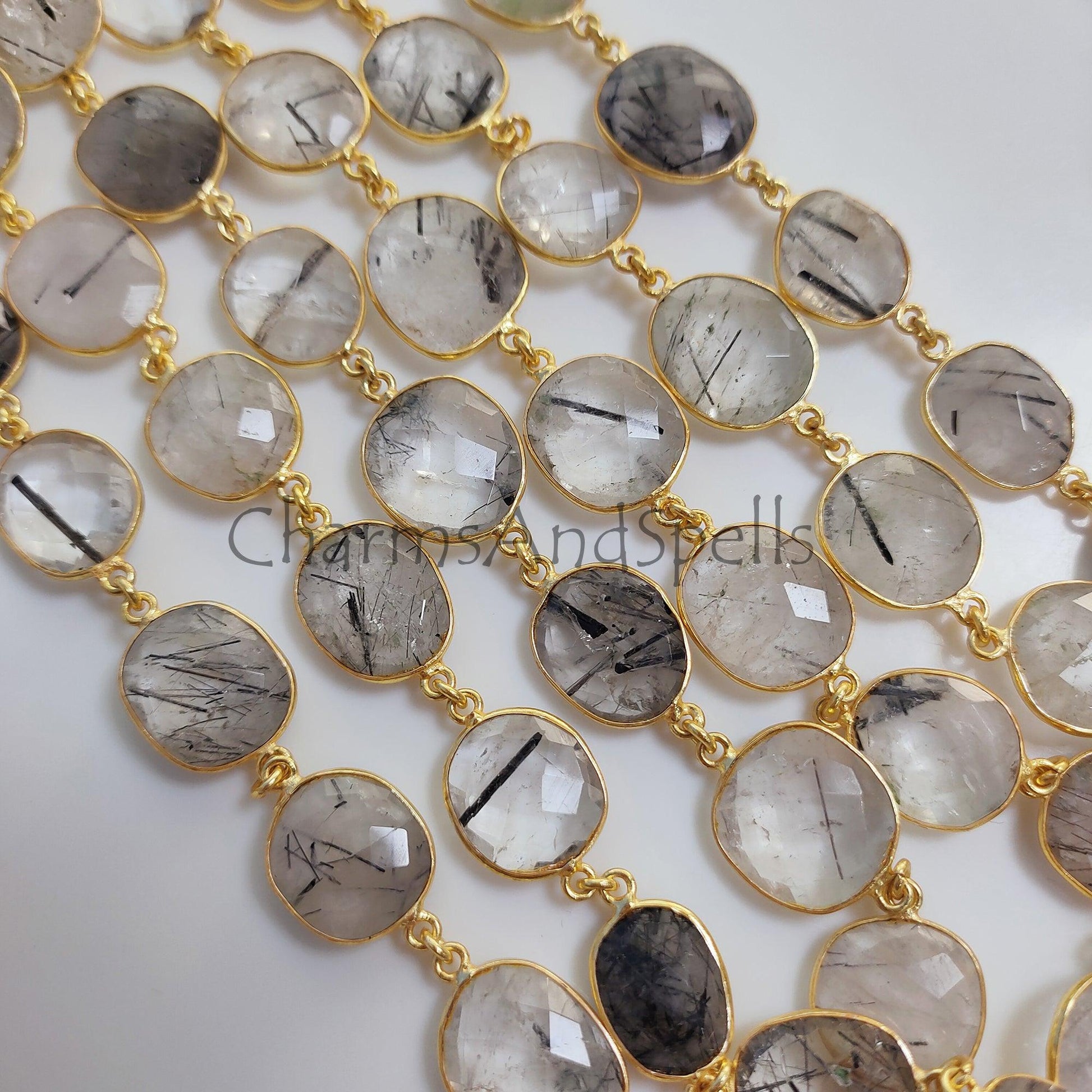 1Feet Chain, Black Rutile Gold Plated Bezel Connector Chain, Black Rutile 12-16 mm Bezel Connector Chain, Black Rutile Faceted Bezel Link Chain, Jewelry - Charms And Spells