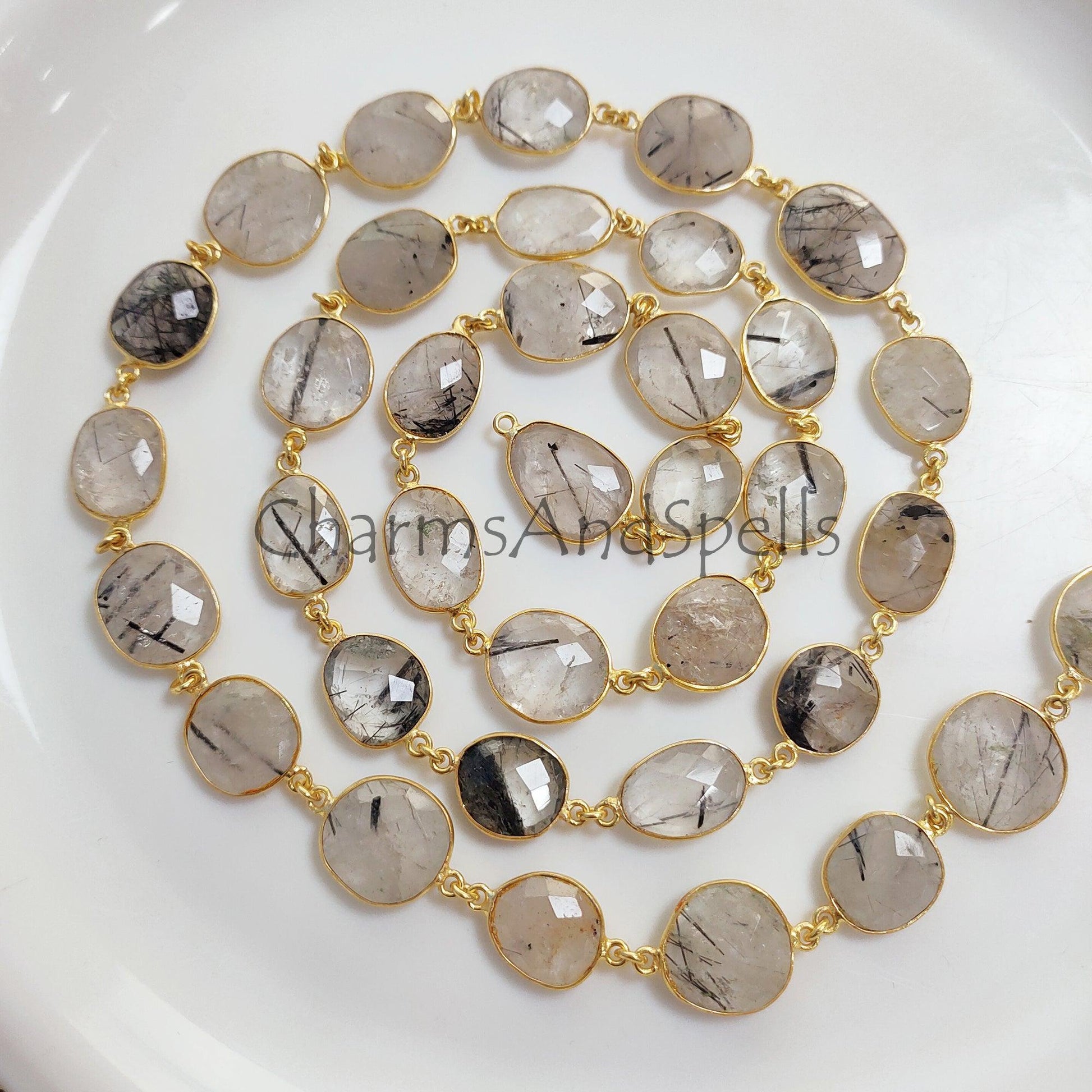 1Feet Chain, Black Rutile Gold Plated Bezel Connector Chain, Black Rutile 12-16 mm Bezel Connector Chain, Black Rutile Faceted Bezel Link Chain, Jewelry - Charms And Spells