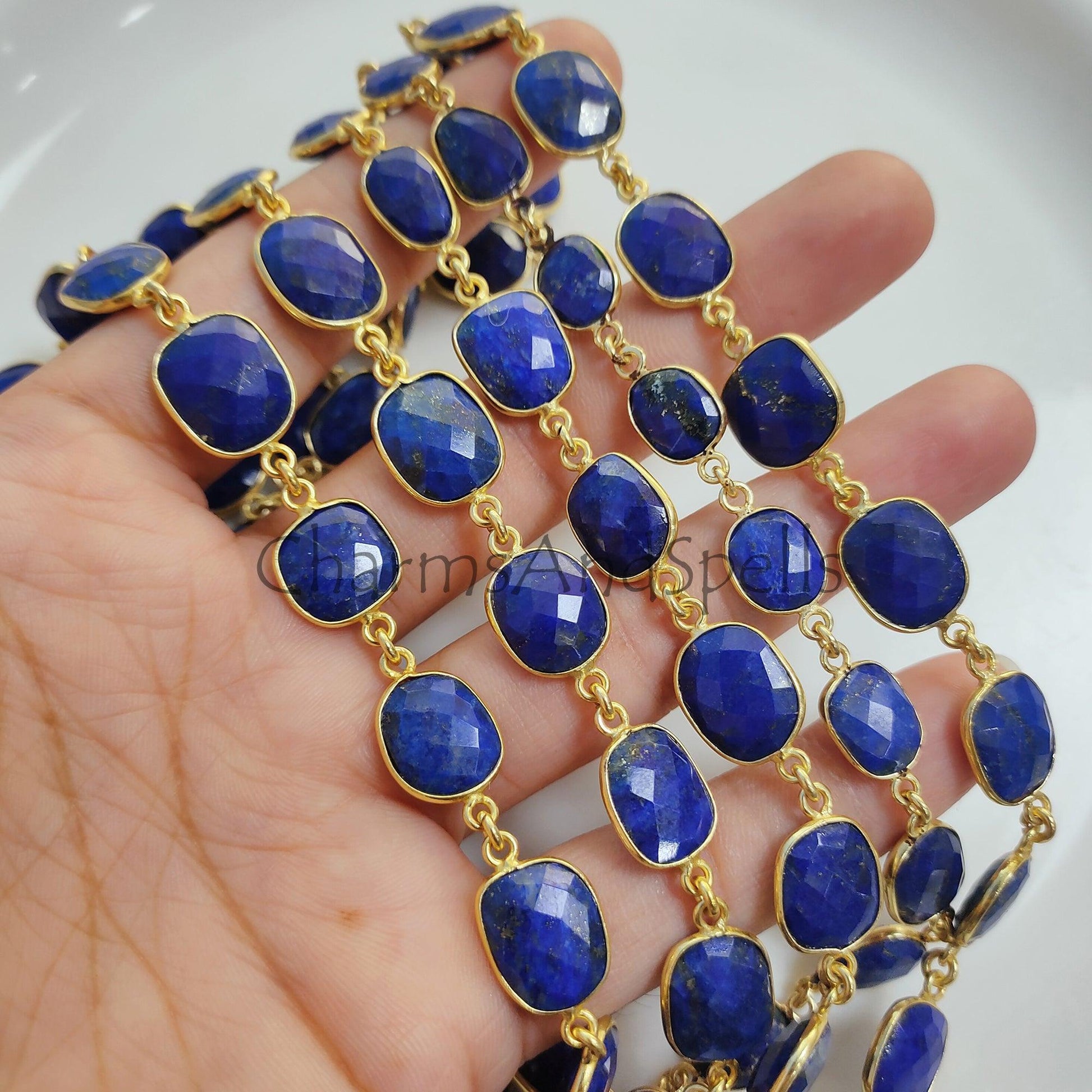 1 Feet Chain, Natural Lapis Lazuli Station Connector Chain, Lapis Lazuli Gemstone Gold Plated Bezel Connector Chain, 12-16 mm Bezel Jewelry Making Chain - Charms And Spells