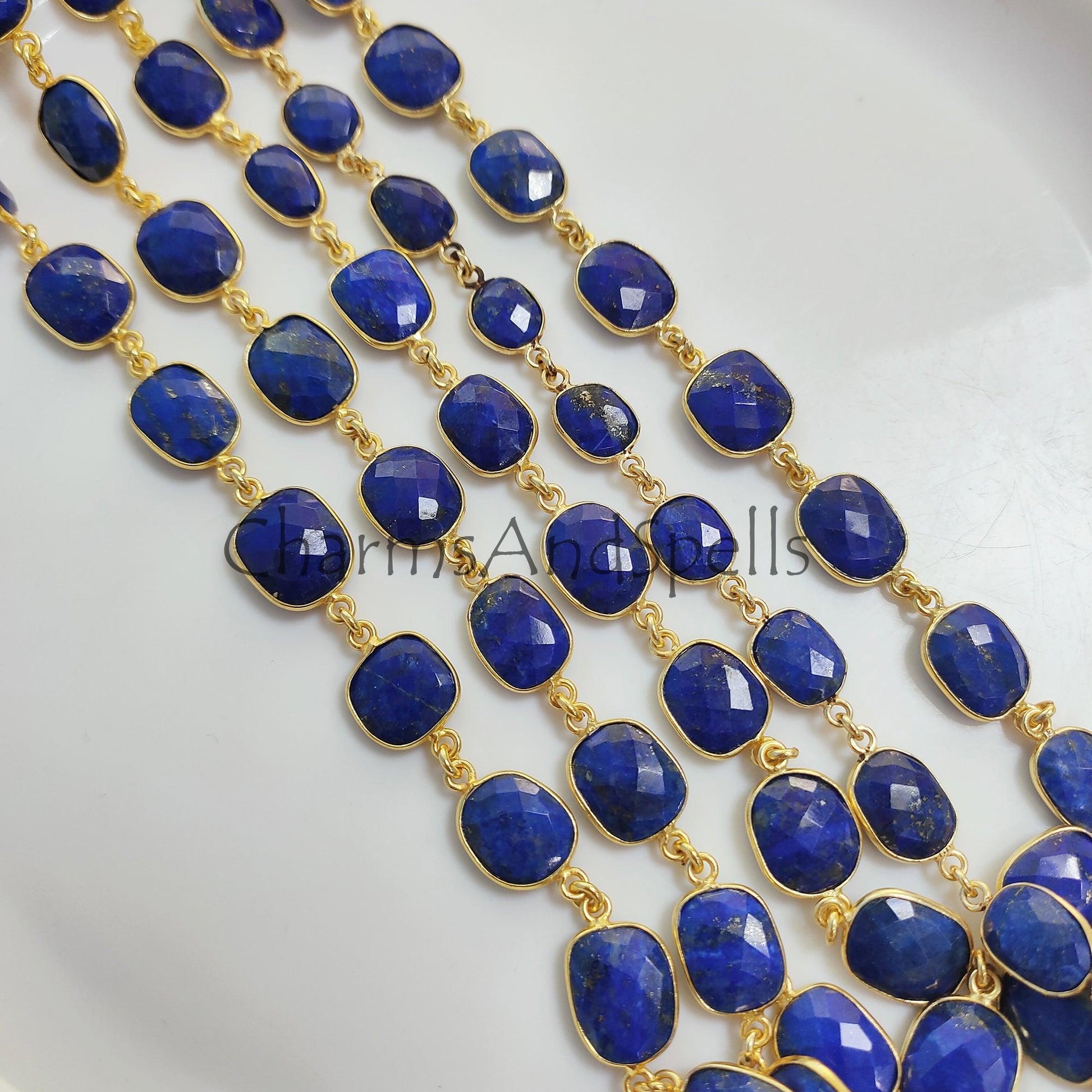 1 Feet Chain, Natural Lapis Lazuli Station Connector Chain, Lapis Lazuli Gemstone Gold Plated Bezel Connector Chain, 12-16 mm Bezel Jewelry Making Chain - Charms And Spells