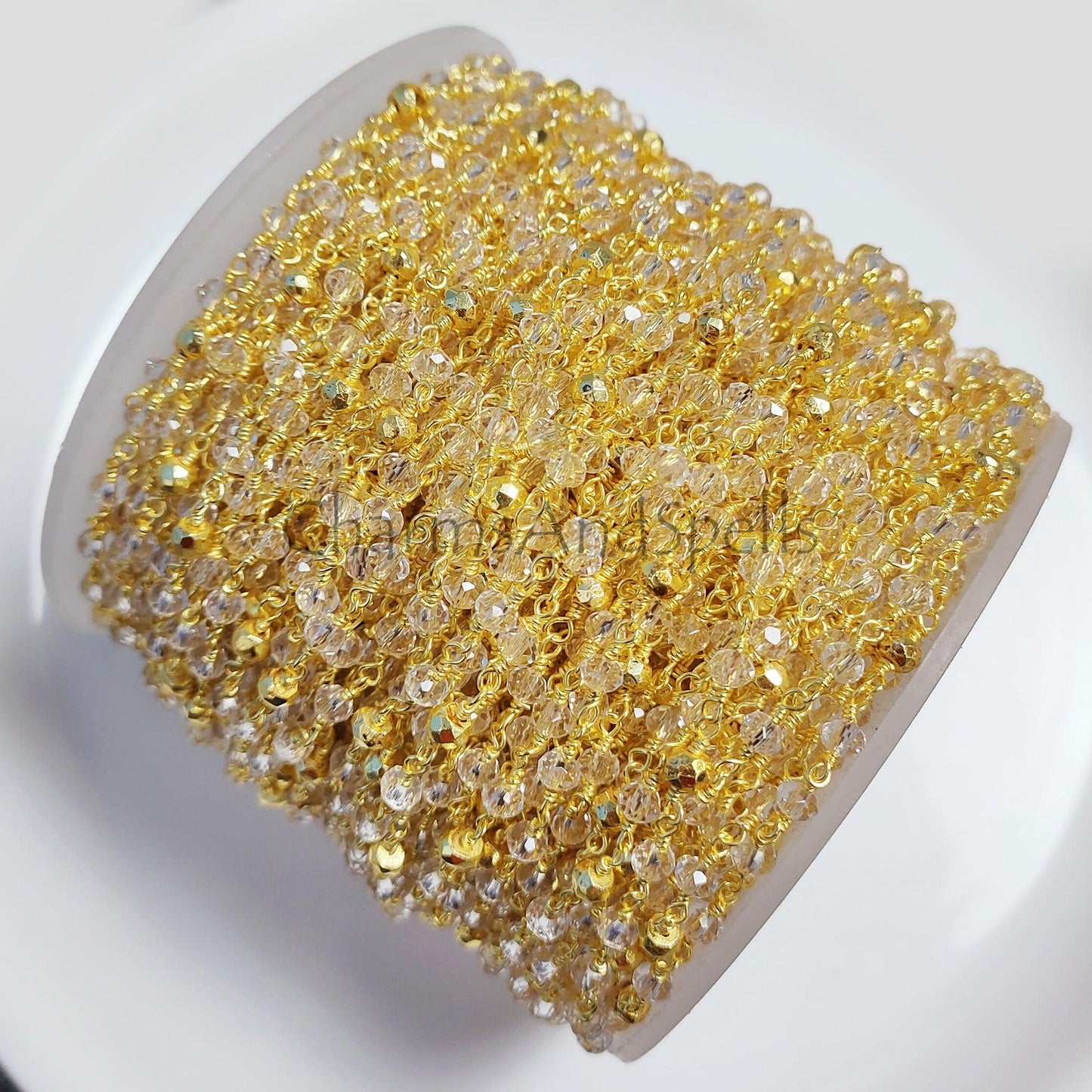 1 Feet Chain, Clear Crystal Quartz Rondelle Faceted Rosary Style Beaded Chain, Gold Plated 2.5x4-3.5 mm Wire Wrapped Chain, Golden Pyrite Rosary Chain - Charms And Spells