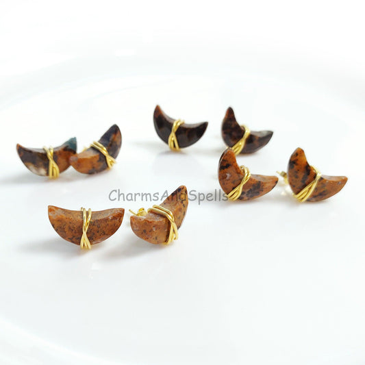 Yellow Moss Agate Stud Earring, Crescent Moon Crystal Earrings, Healing Crystal Studs, Women Earrings, Gemstone Earrings, Wire Wrapped Stud - Charms And Spells