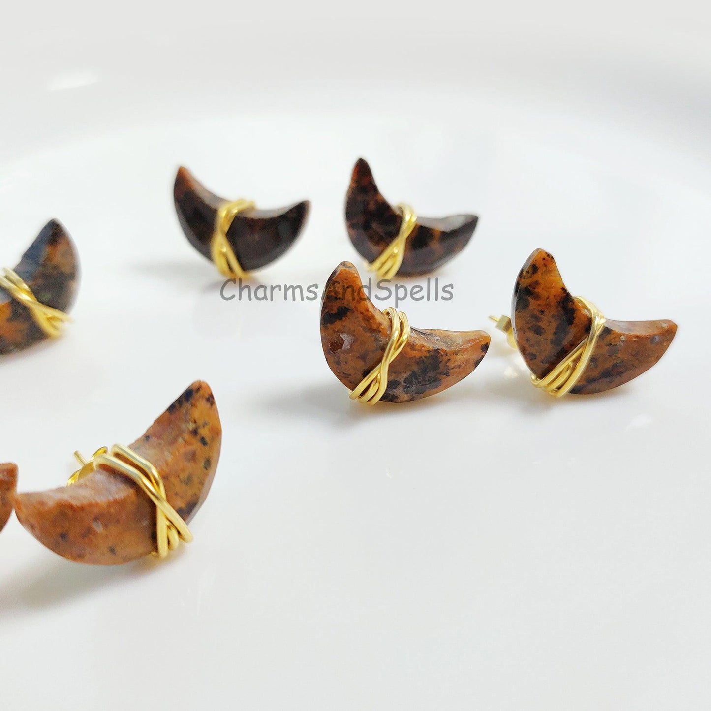 Yellow Moss Agate Stud Earring, Crescent Moon Crystal Earrings, Healing Crystal Studs, Women Earrings, Gemstone Earrings, Wire Wrapped Stud - Charms And Spells