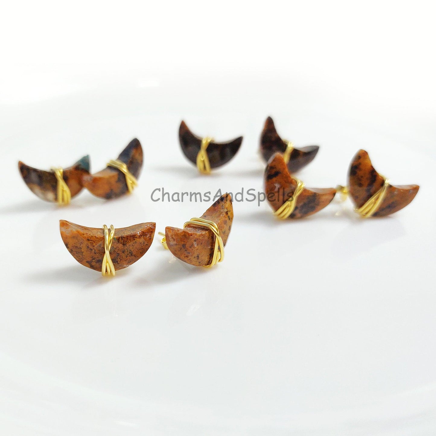 Yellow Moss Agate Stud Earring, Crescent Moon Crystal Earrings, Healing Crystal Studs, Women Earrings, Gemstone Earrings, Wire Wrapped Stud - Charms And Spells