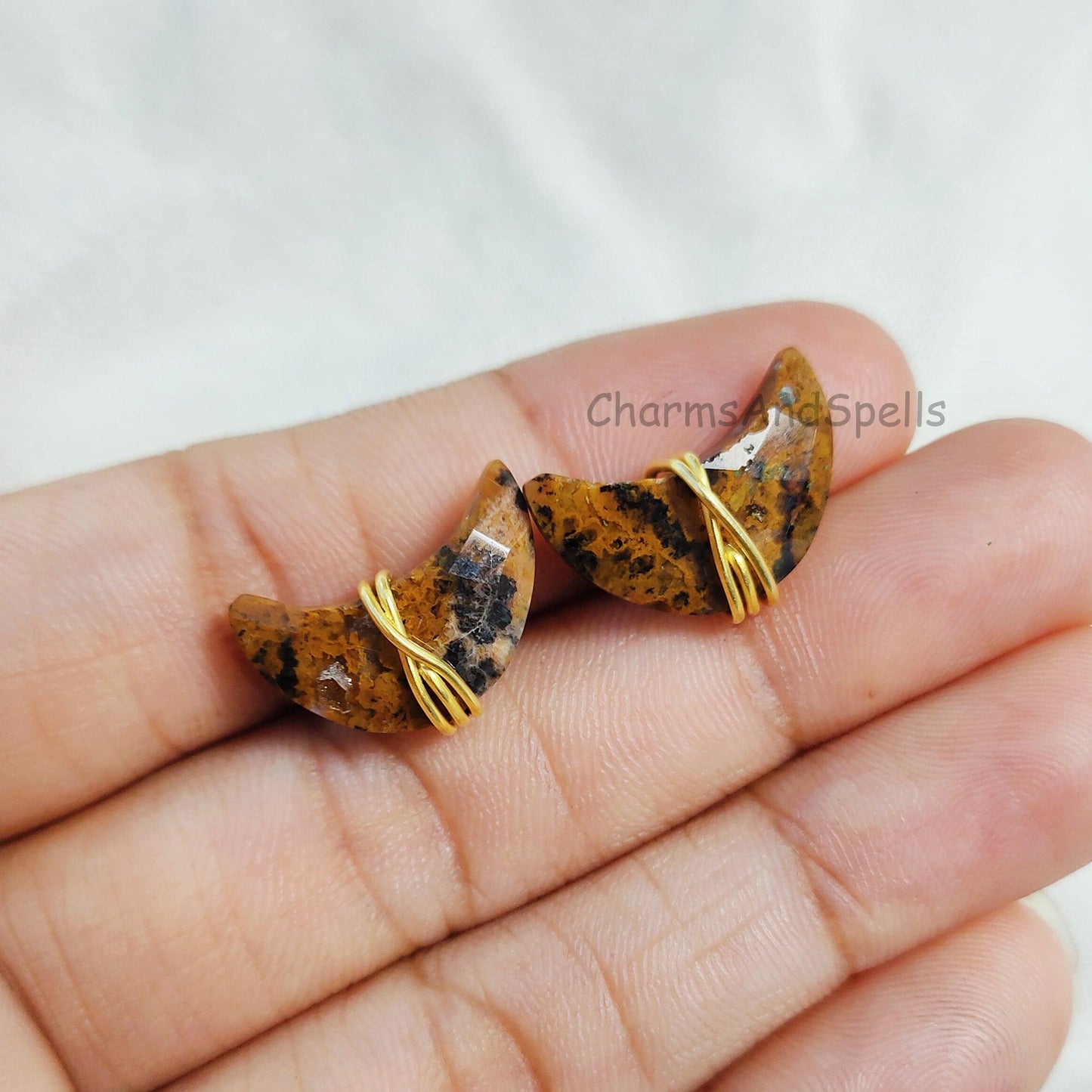 Yellow Moss Agate Stud Earring, Crescent Moon Crystal Earrings, Healing Crystal Studs, Women Earrings, Gemstone Earrings, Wire Wrapped Stud - Charms And Spells