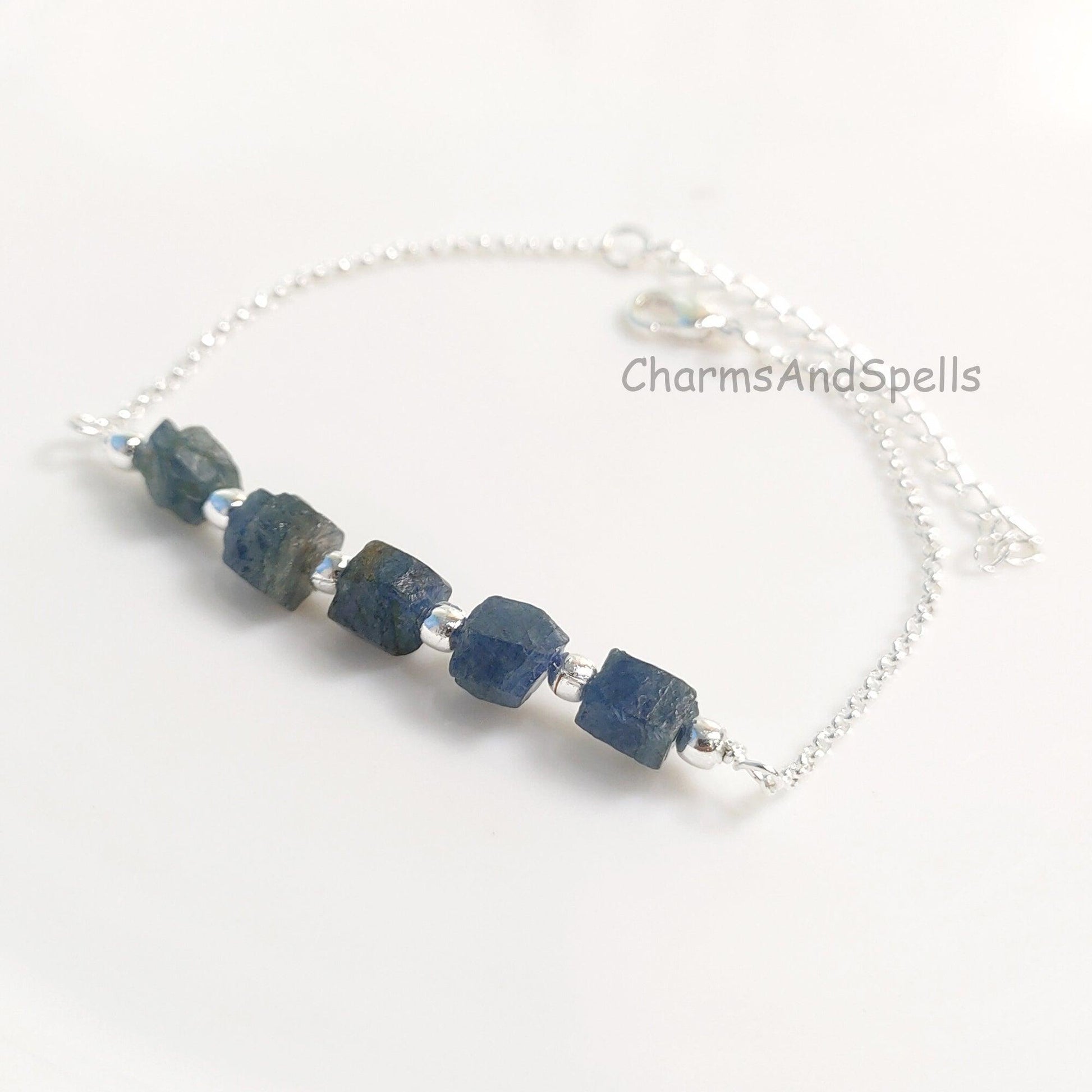 Rough Sapphire Bracelet, Raw Blue Sapphire Bracelet, Raw Sapphire September Birthstone Bracelet, Silver Plated Bracelet, Gemstone Bracelet - Charms And Spells