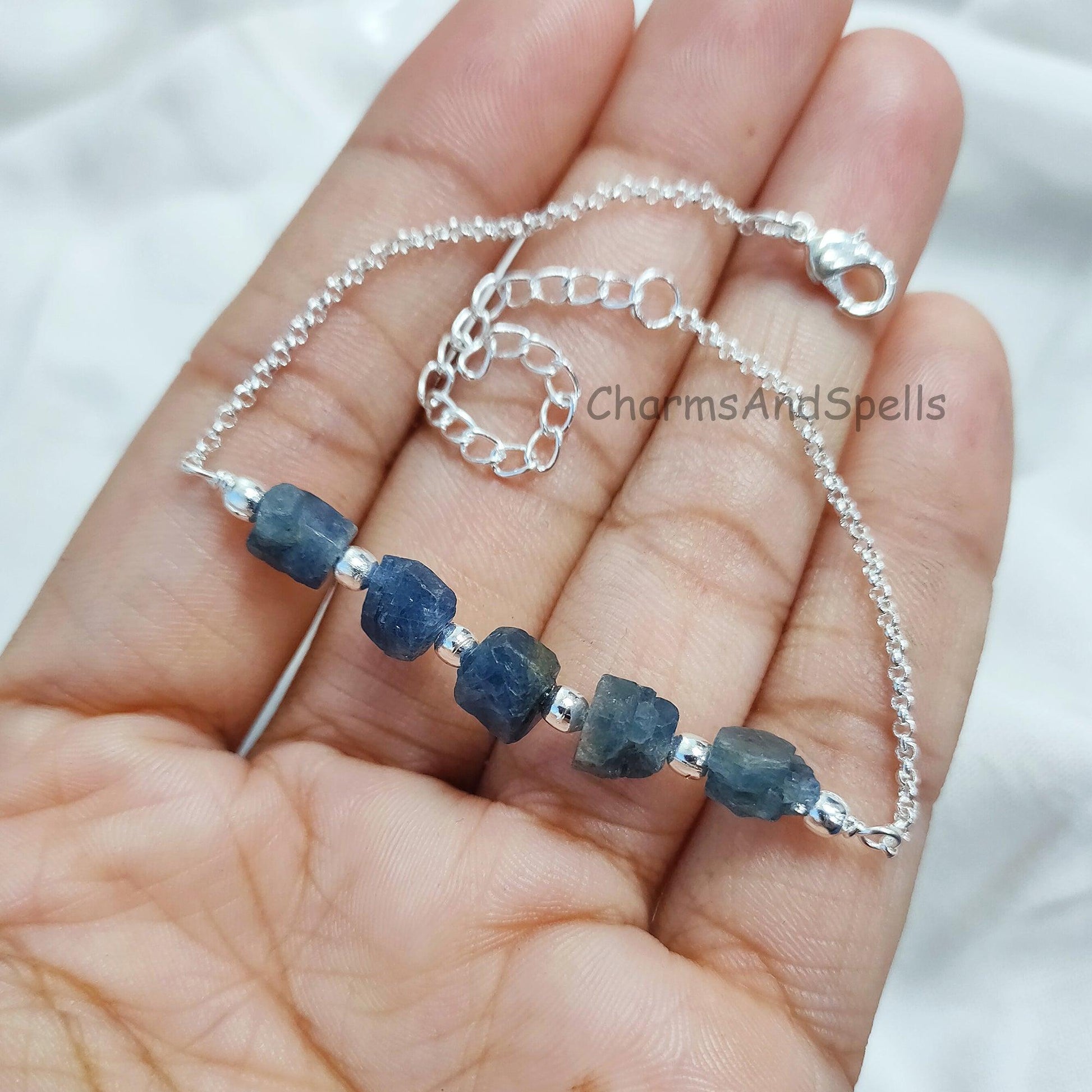 Rough Sapphire Bracelet, Raw Blue Sapphire Bracelet, Raw Sapphire September Birthstone Bracelet, Silver Plated Bracelet, Gemstone Bracelet - Charms And Spells