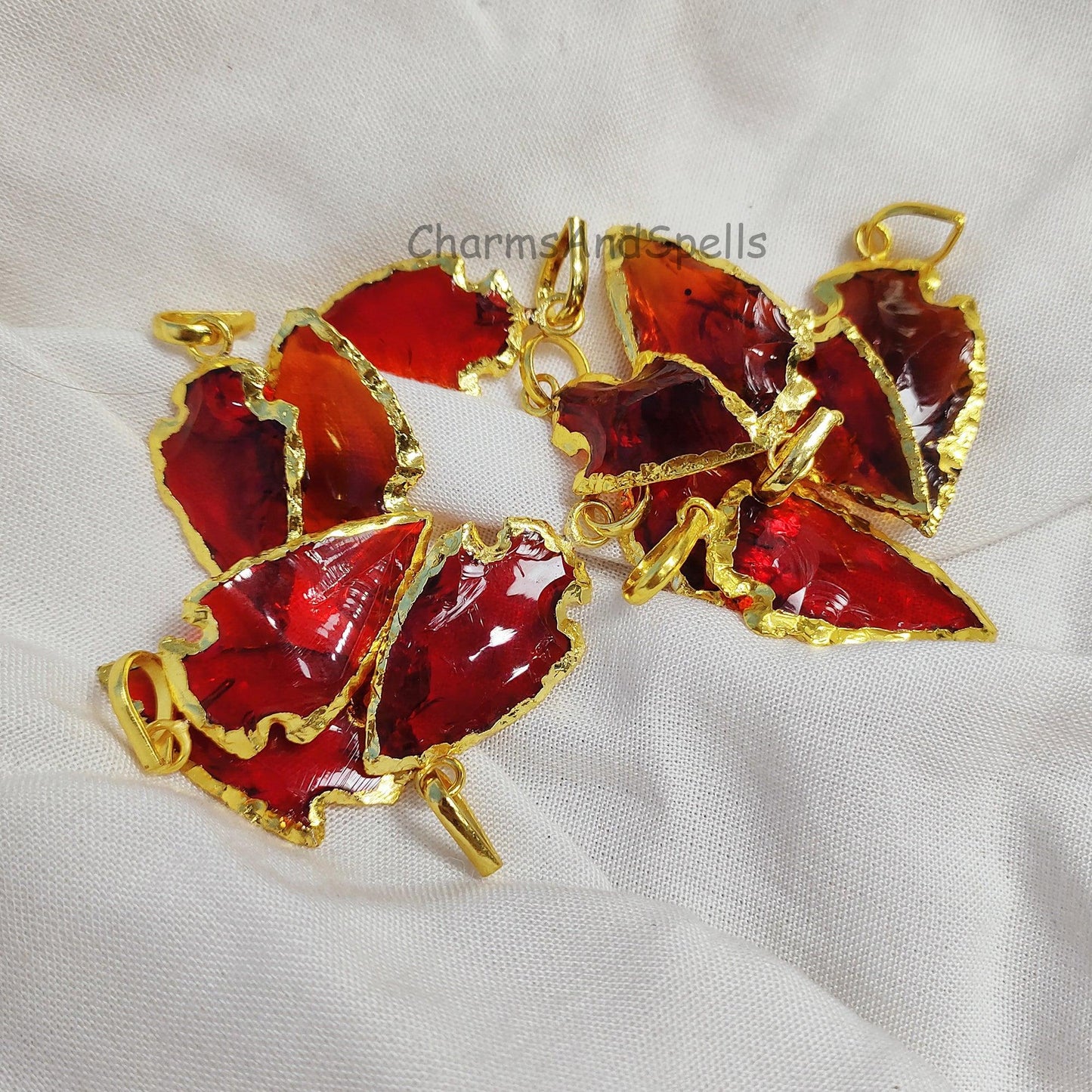 Garnet Quartz Arrowhead Pendant, Gold Plated Pendant, Quartz Arrow Head Charm, Electroplated Pendant, Gemstone Pendant, Raw Garnet Jewelry - Charms And Spells