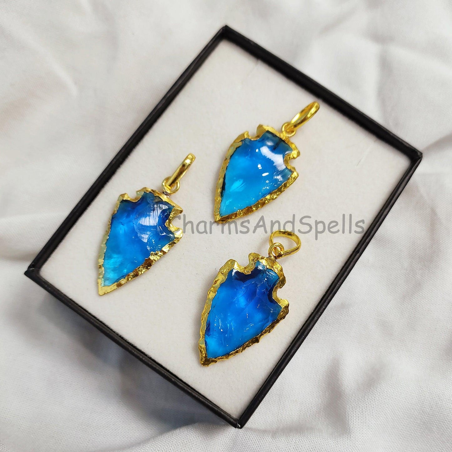 Blue Topaz Quartz Arrowhead Pendant, Gold Electroplated Pendant, Arrow Head Pendant Charm, Arrowhead Jewelry, Gemstone Pendant, Boho Jewelry - Charms And Spells