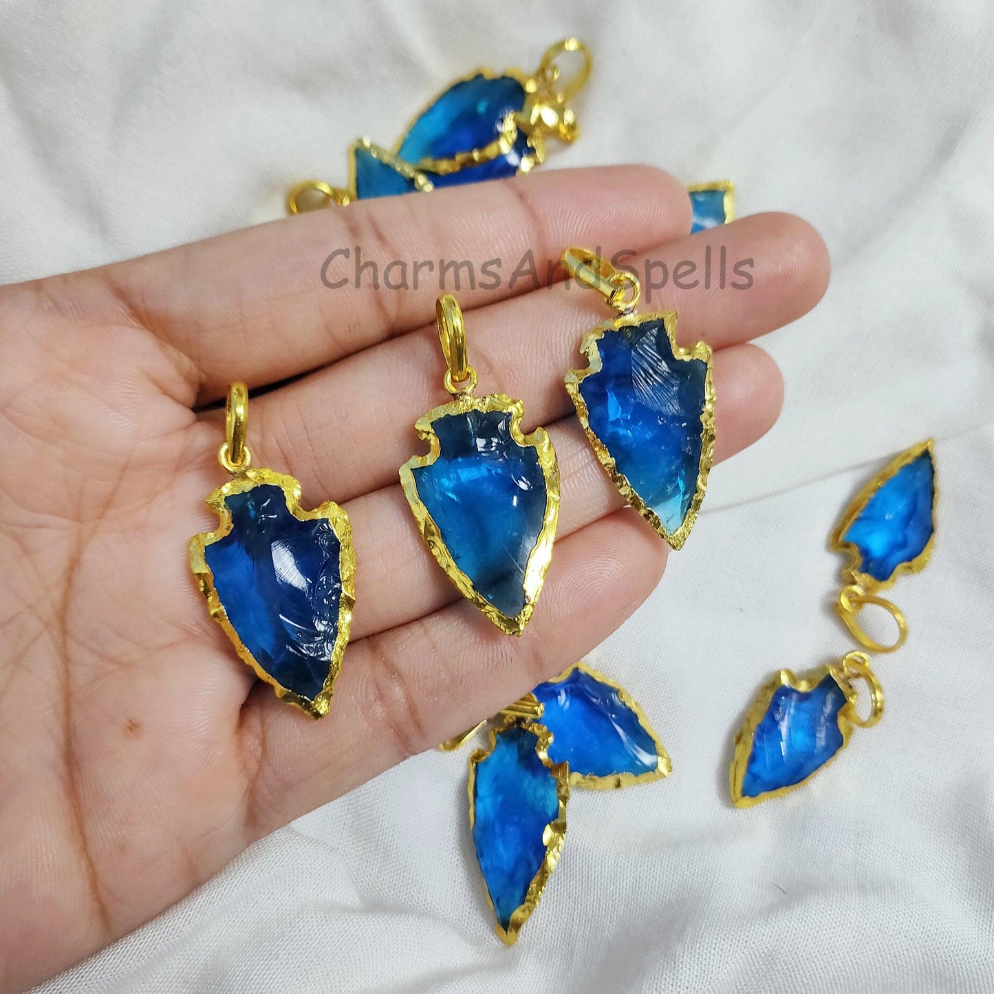 Blue Topaz Quartz Arrowhead Pendant, Gold Electroplated Pendant, Arrow Head Pendant Charm, Arrowhead Jewelry, Gemstone Pendant, Boho Jewelry - Charms And Spells