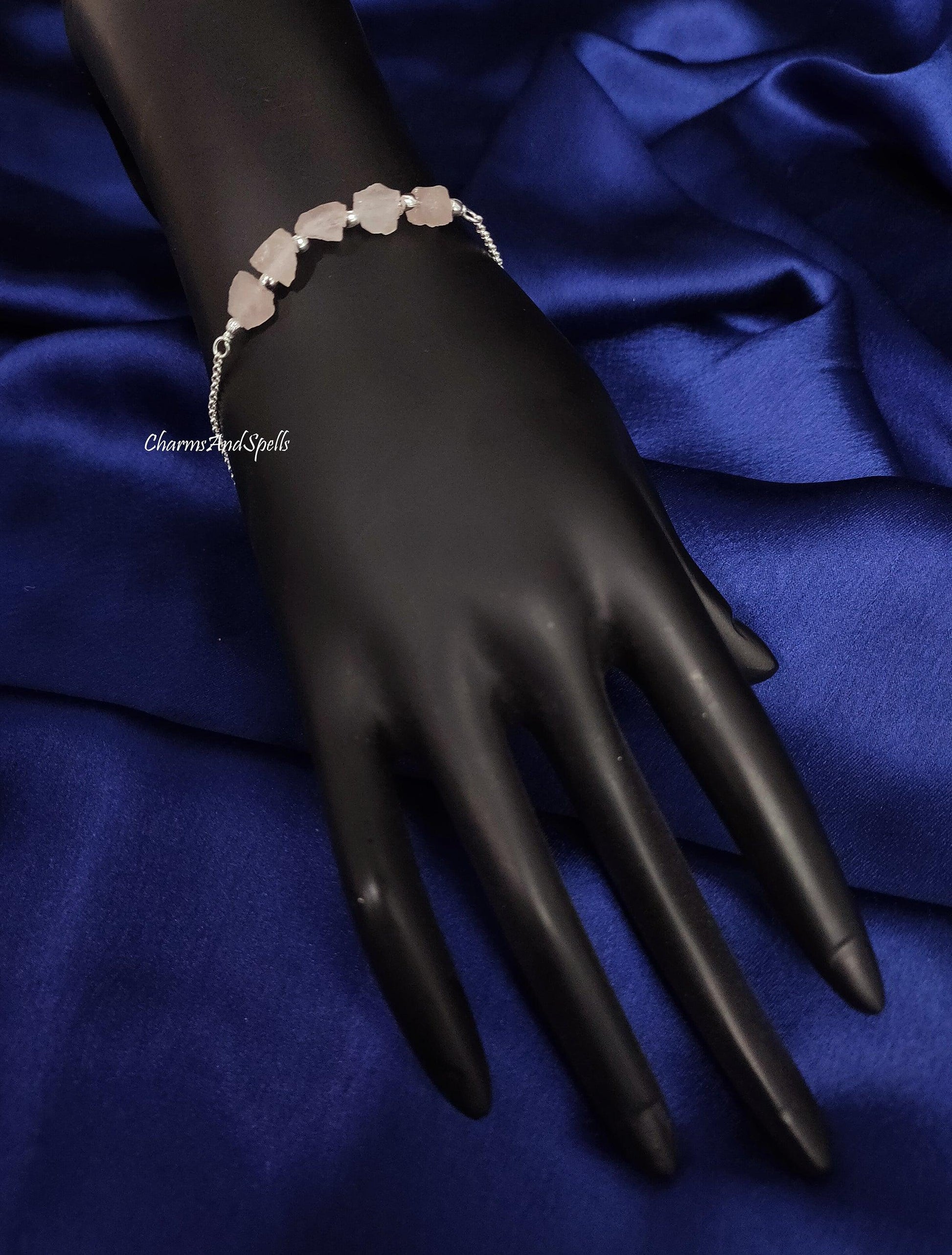 Natural Rough Rose Quartz Bracelet, Raw Nuggets Bracelet, Gemstone Bracelet, Birthstone Jewelry, Adjustable Bracelet, Designer Boho Jewelry - Charms And Spells