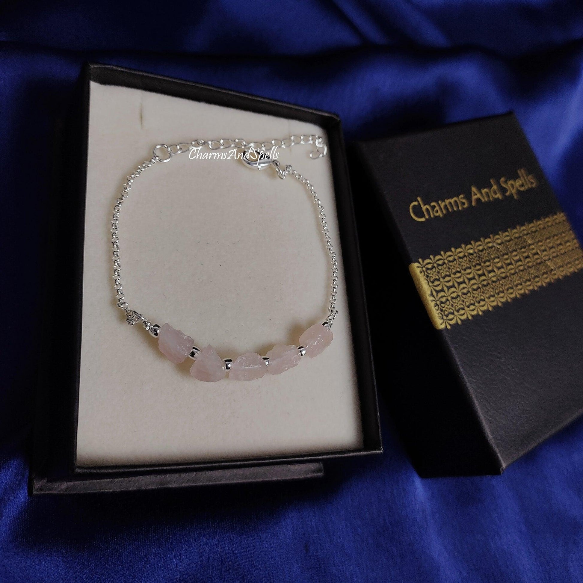 Natural Rough Rose Quartz Bracelet, Raw Nuggets Bracelet, Gemstone Bracelet, Birthstone Jewelry, Adjustable Bracelet, Designer Boho Jewelry - Charms And Spells