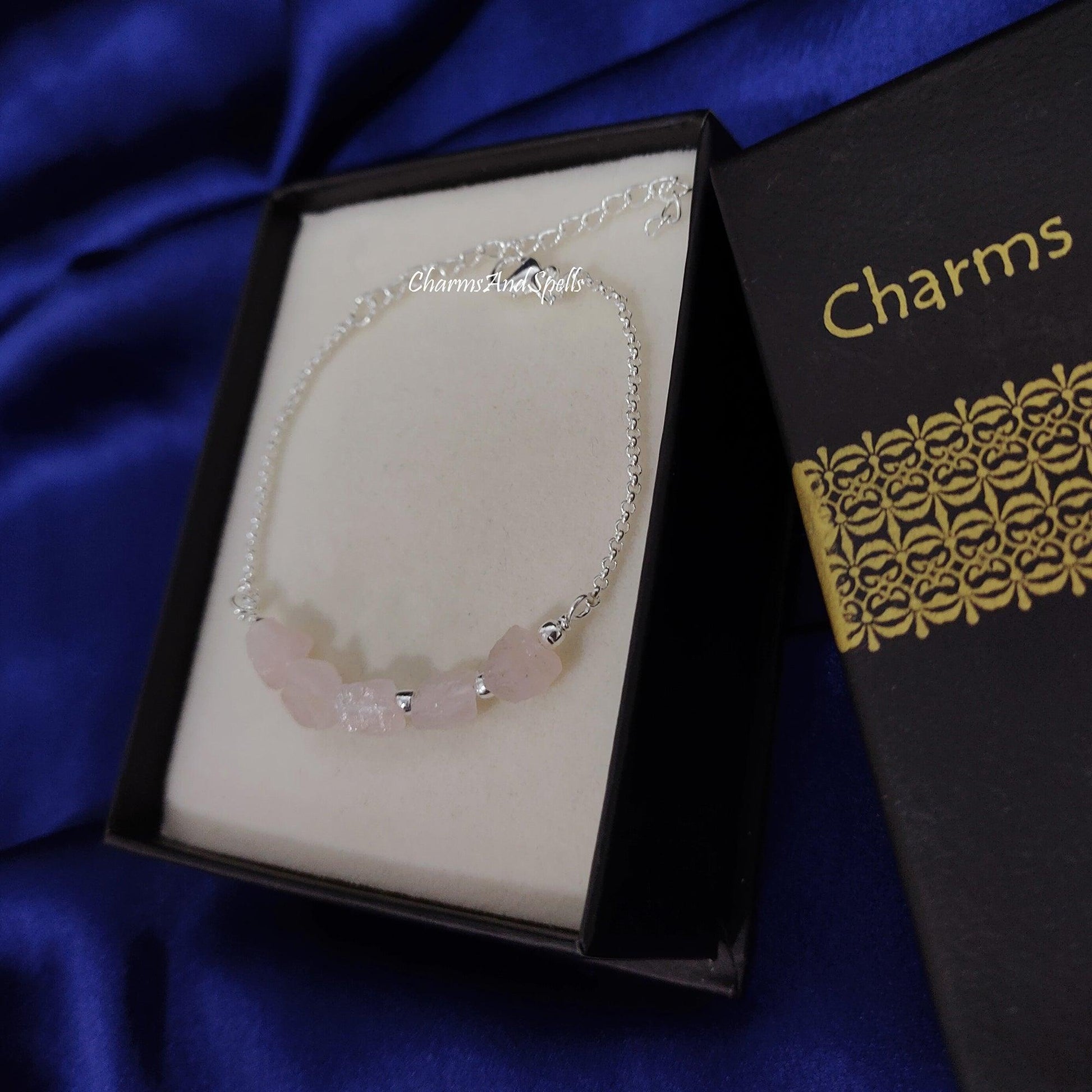 Natural Rough Rose Quartz Bracelet, Raw Nuggets Bracelet, Gemstone Bracelet, Birthstone Jewelry, Adjustable Bracelet, Designer Boho Jewelry - Charms And Spells