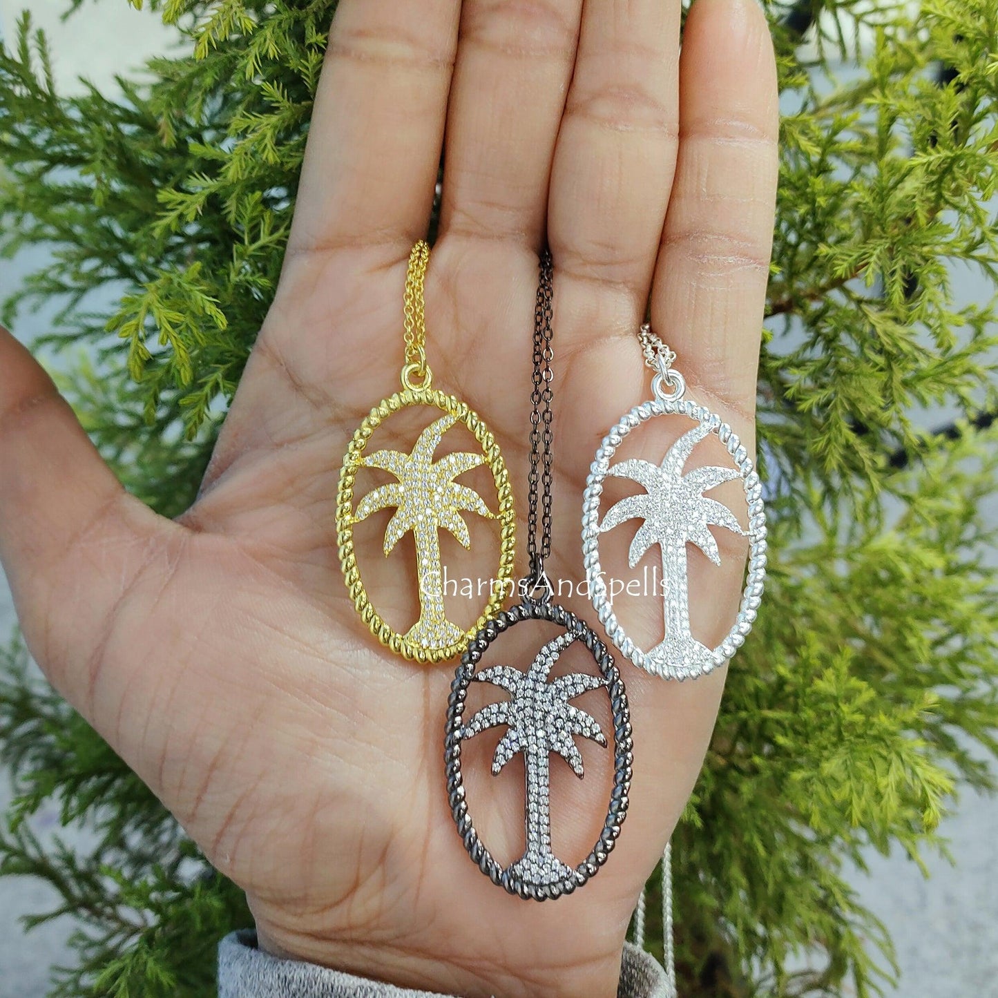 Unique Palm Tree CZ Necklace, Dainty Chain, Minimal Necklace, Palm Tree CZ Pendant, Palm Tree CZ Charm, Simple Necklace, Unique Gift For Her - Charms And Spells